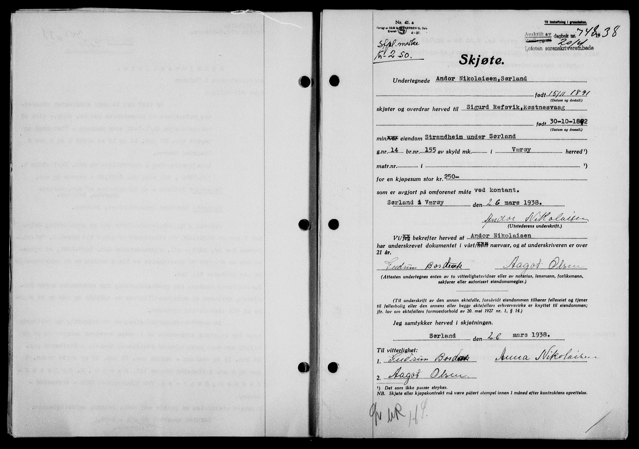 Lofoten sorenskriveri, SAT/A-0017/1/2/2C/L0004a: Mortgage book no. 4a, 1938-1938, Diary no: : 748/1938