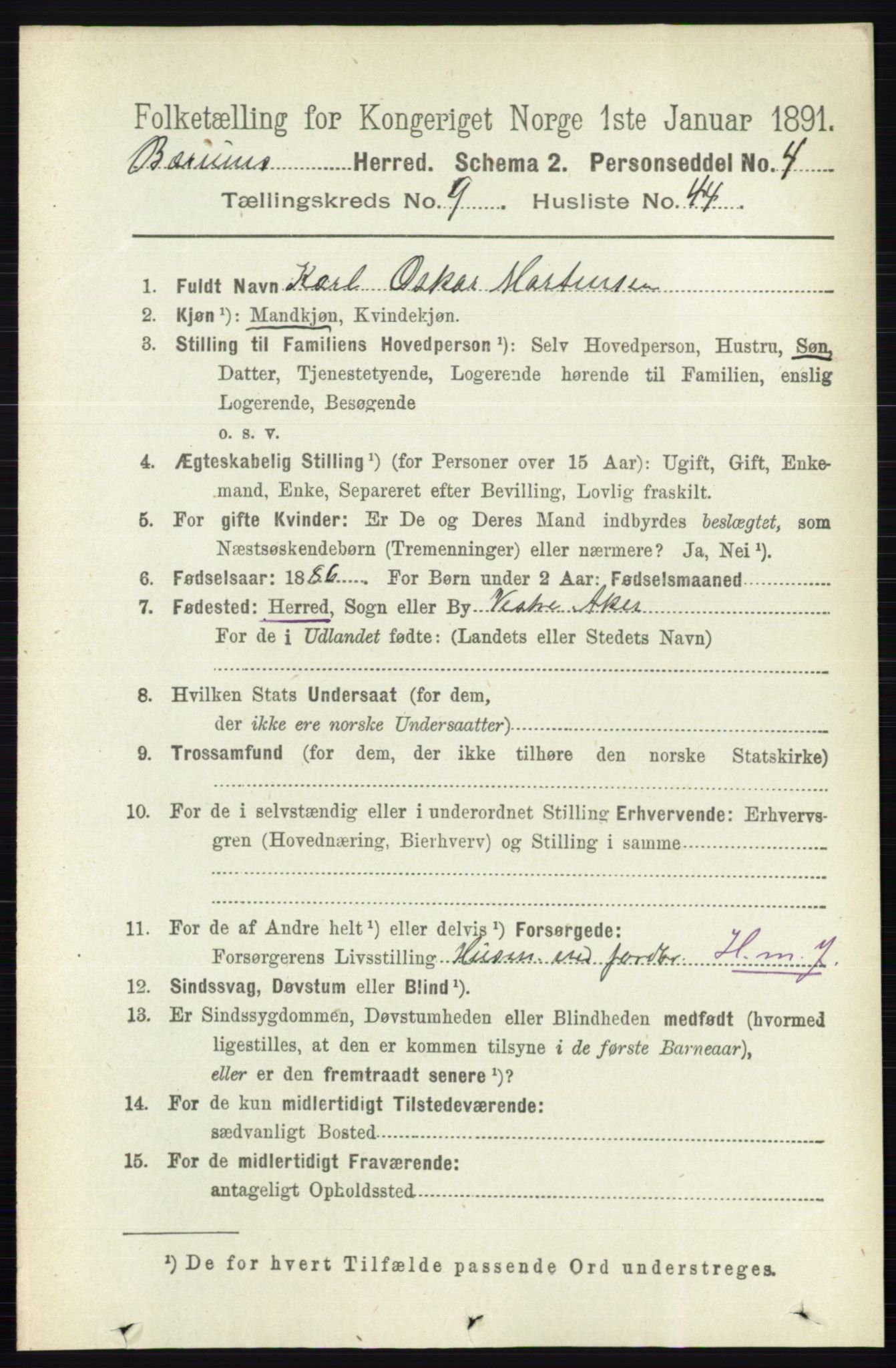 RA, 1891 census for 0219 Bærum, 1891, p. 5584