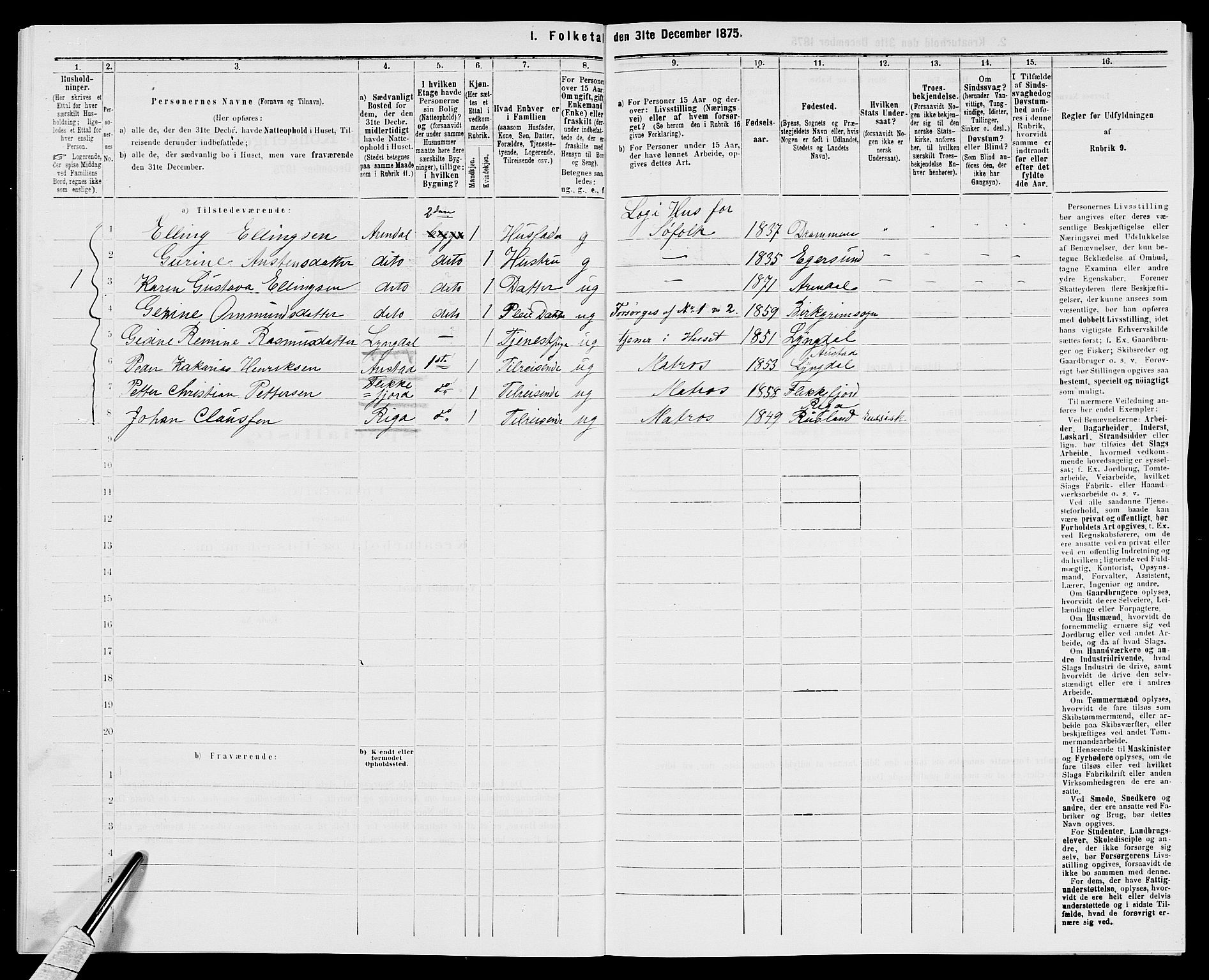 SAK, 1875 census for 0903P Arendal, 1875, p. 506