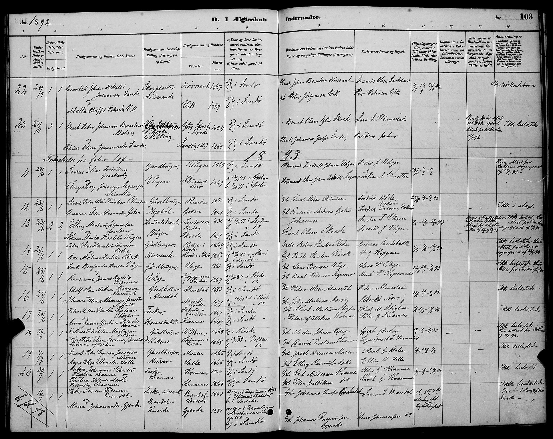 Ministerialprotokoller, klokkerbøker og fødselsregistre - Møre og Romsdal, AV/SAT-A-1454/503/L0048: Parish register (copy) no. 503C03, 1885-1893, p. 103