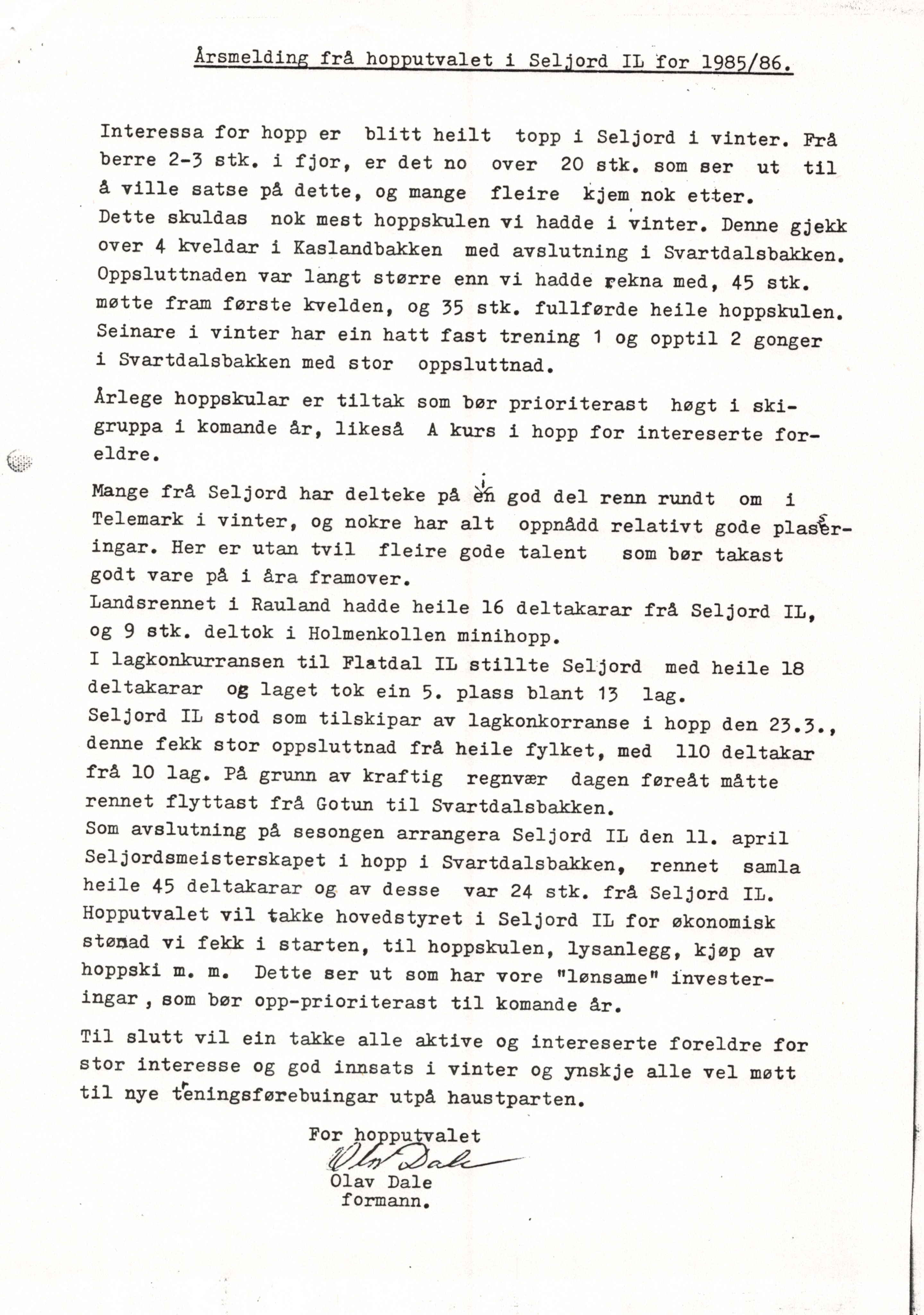 Seljord Idrettslag, VTM/A-1034/A/Ab/L0001: Årsmeldingar, 1986