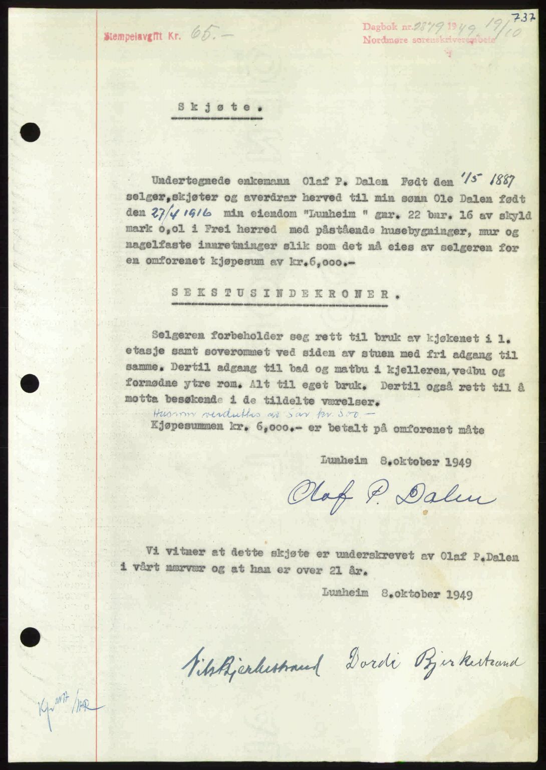 Nordmøre sorenskriveri, AV/SAT-A-4132/1/2/2Ca: Mortgage book no. A112, 1949-1949, Diary no: : 2879/1949