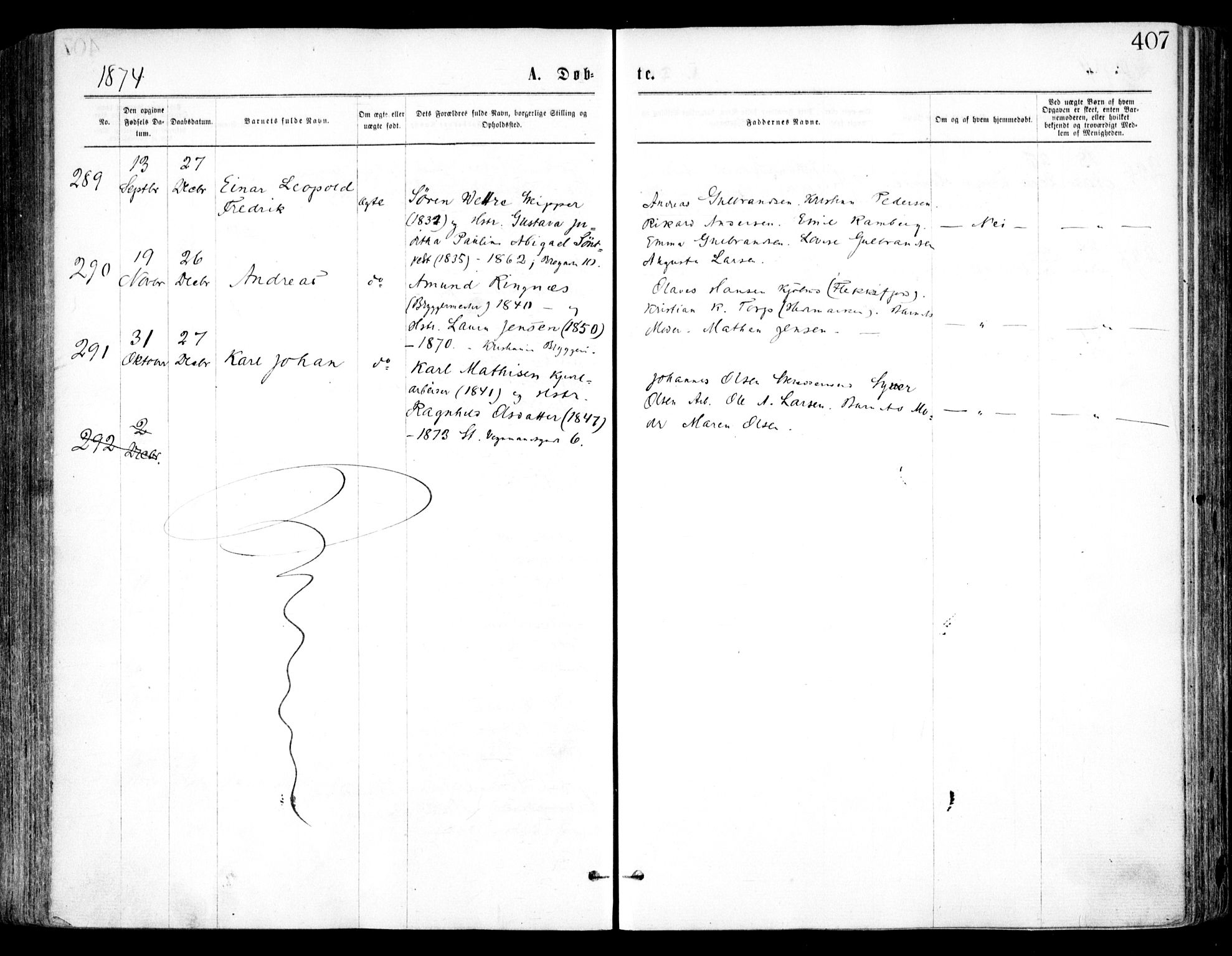 Oslo domkirke Kirkebøker, AV/SAO-A-10752/F/Fa/L0017: Parish register (official) no. 17, 1869-1878, p. 407