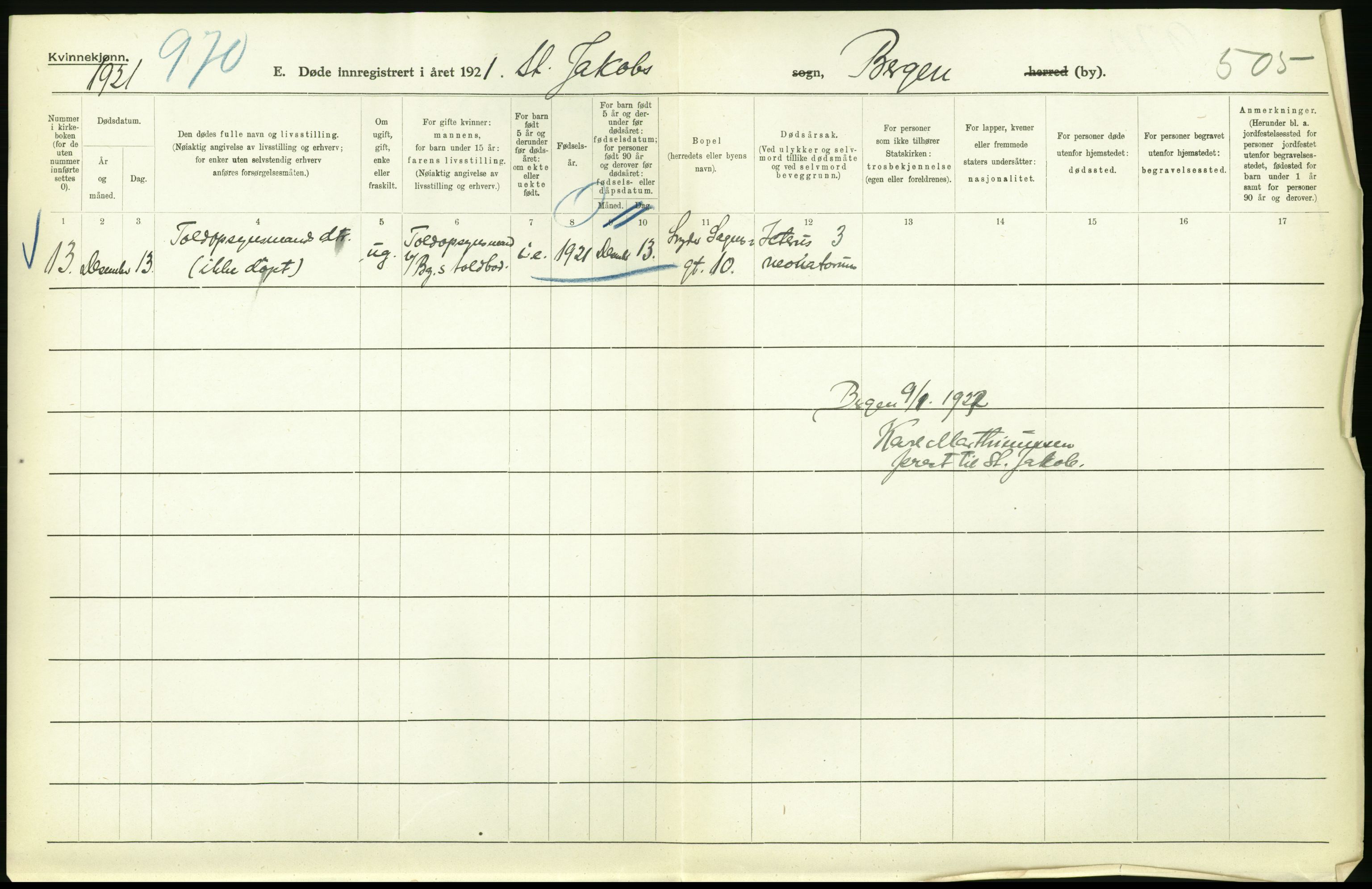 Statistisk sentralbyrå, Sosiodemografiske emner, Befolkning, AV/RA-S-2228/D/Df/Dfc/Dfca/L0036: Bergen: Døde., 1921, p. 420