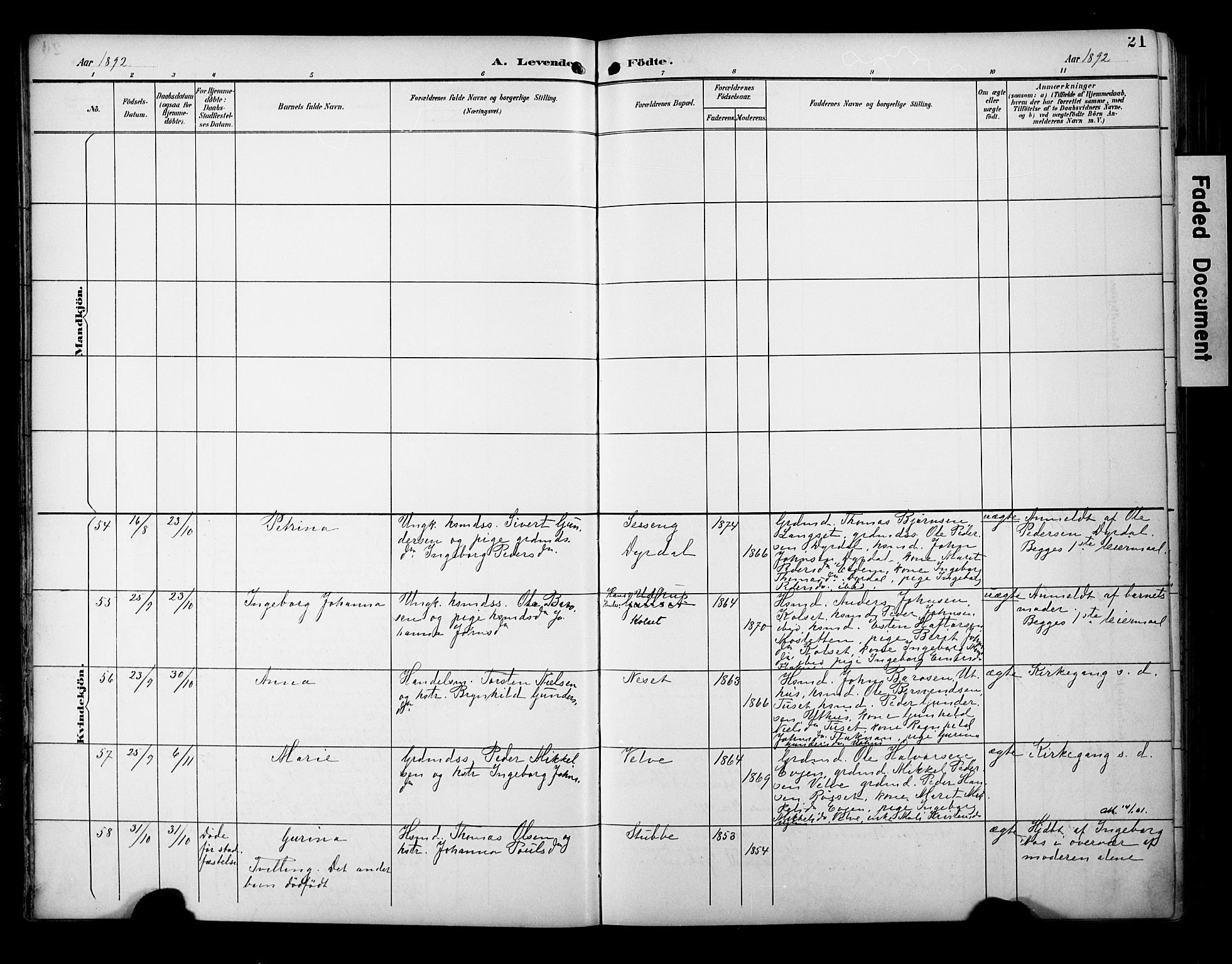 Ministerialprotokoller, klokkerbøker og fødselsregistre - Sør-Trøndelag, AV/SAT-A-1456/695/L1149: Parish register (official) no. 695A09, 1891-1902, p. 21