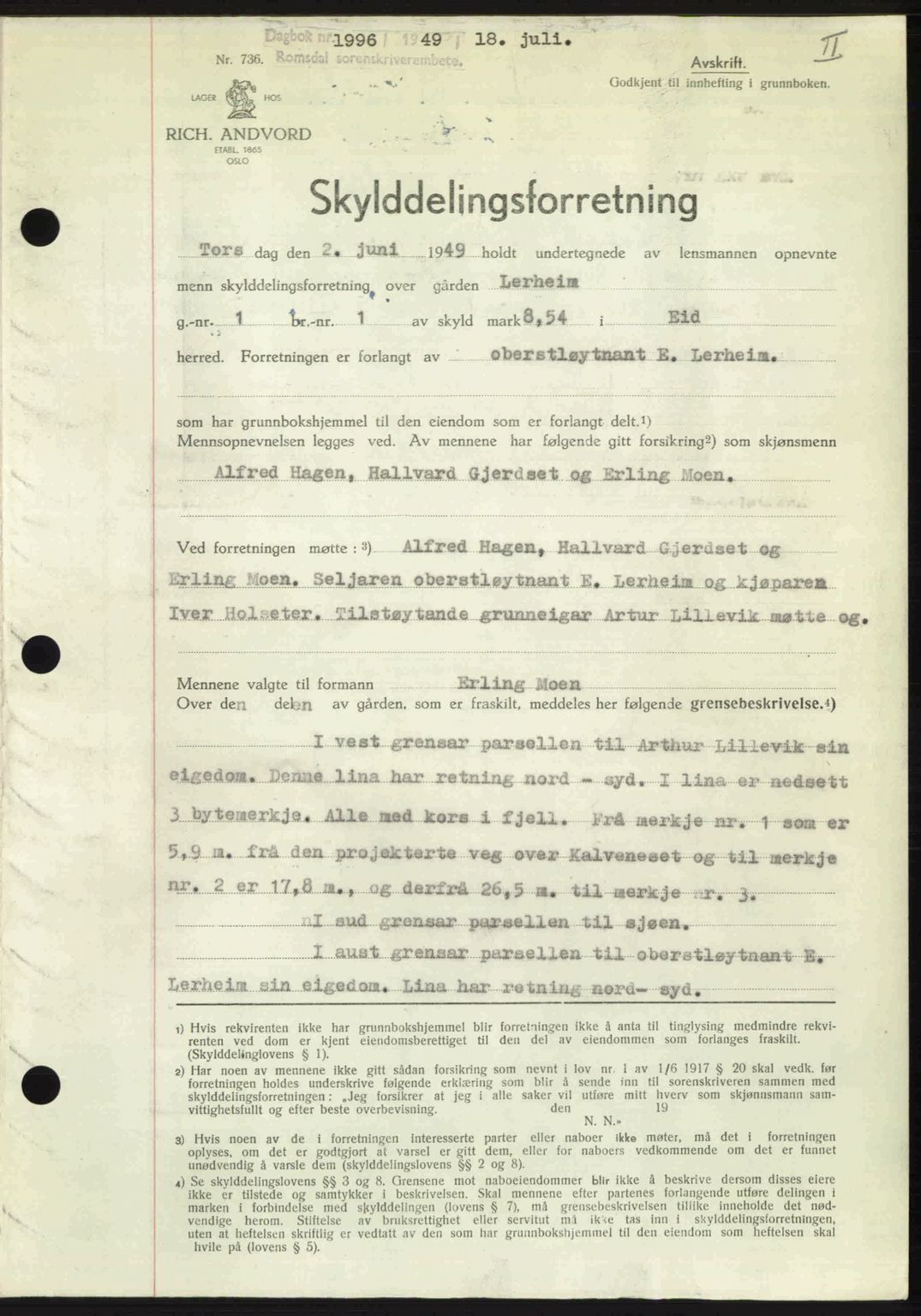 Romsdal sorenskriveri, AV/SAT-A-4149/1/2/2C: Mortgage book no. A30, 1949-1949, Diary no: : 1996/1949