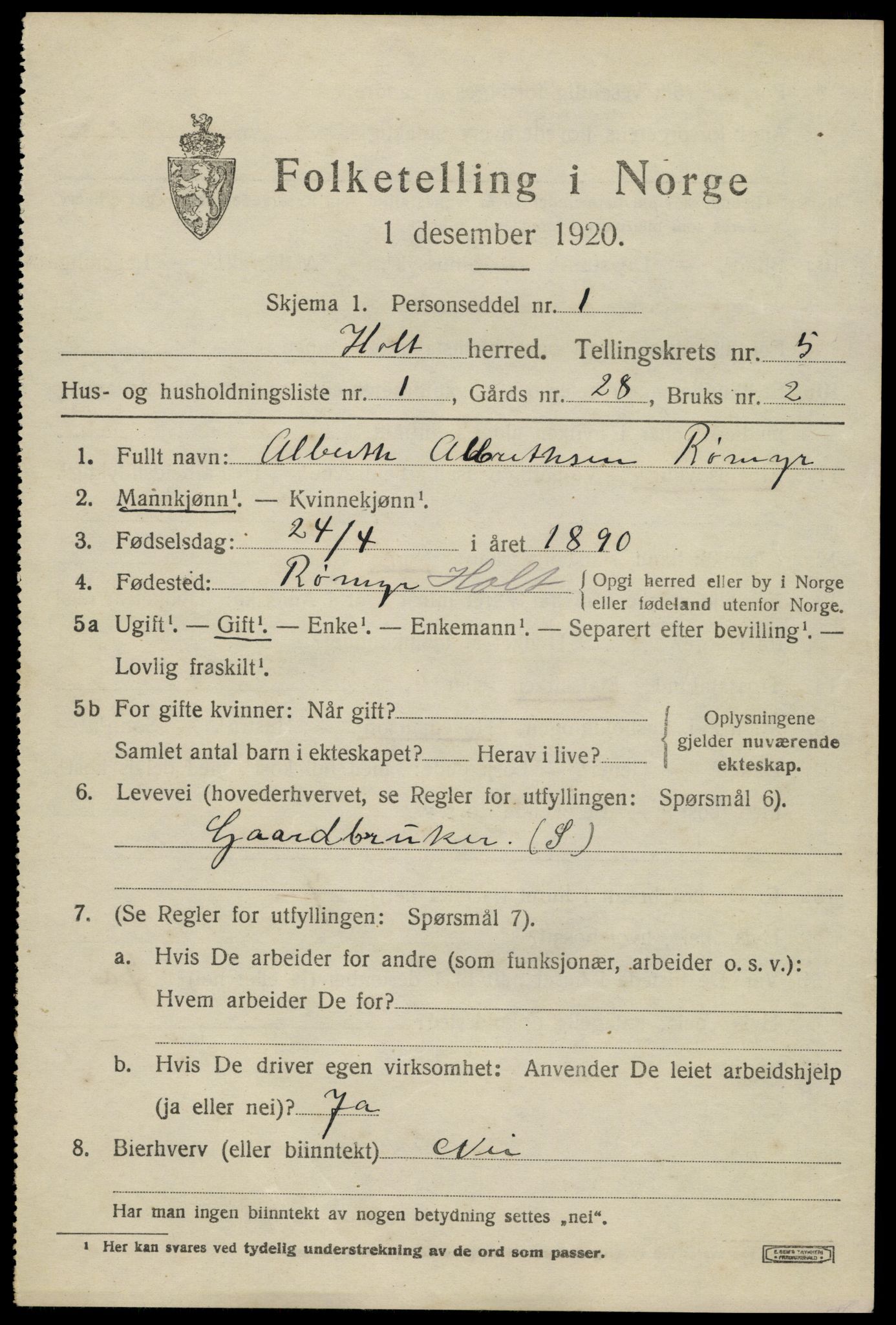 SAK, 1920 census for Holt, 1920, p. 3424