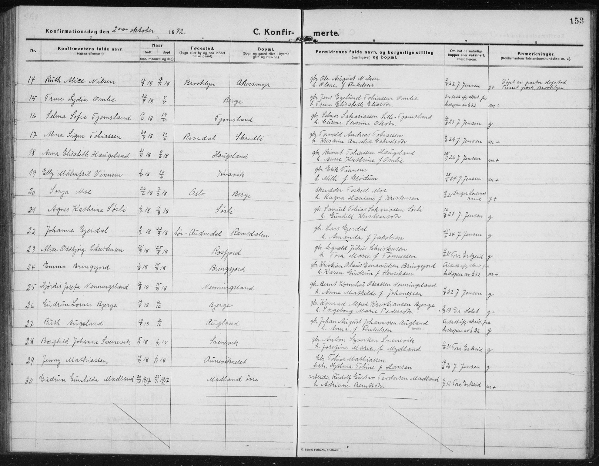 Lyngdal sokneprestkontor, AV/SAK-1111-0029/F/Fb/Fbc/L0006: Parish register (copy) no. B 6, 1914-1934, p. 153