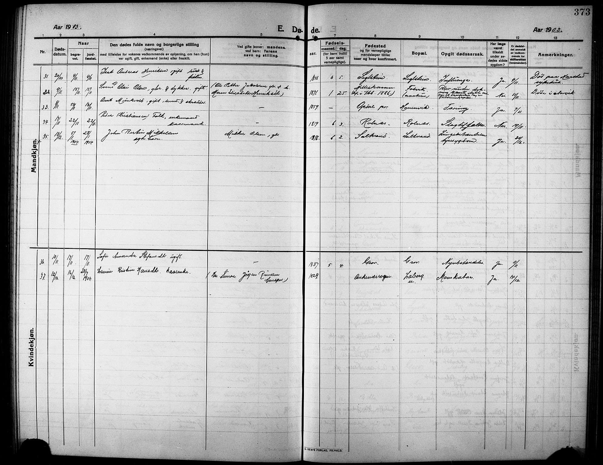 Ibestad sokneprestembete, SATØ/S-0077/H/Ha/Hab/L0009klokker: Parish register (copy) no. 9, 1902-1914, p. 373