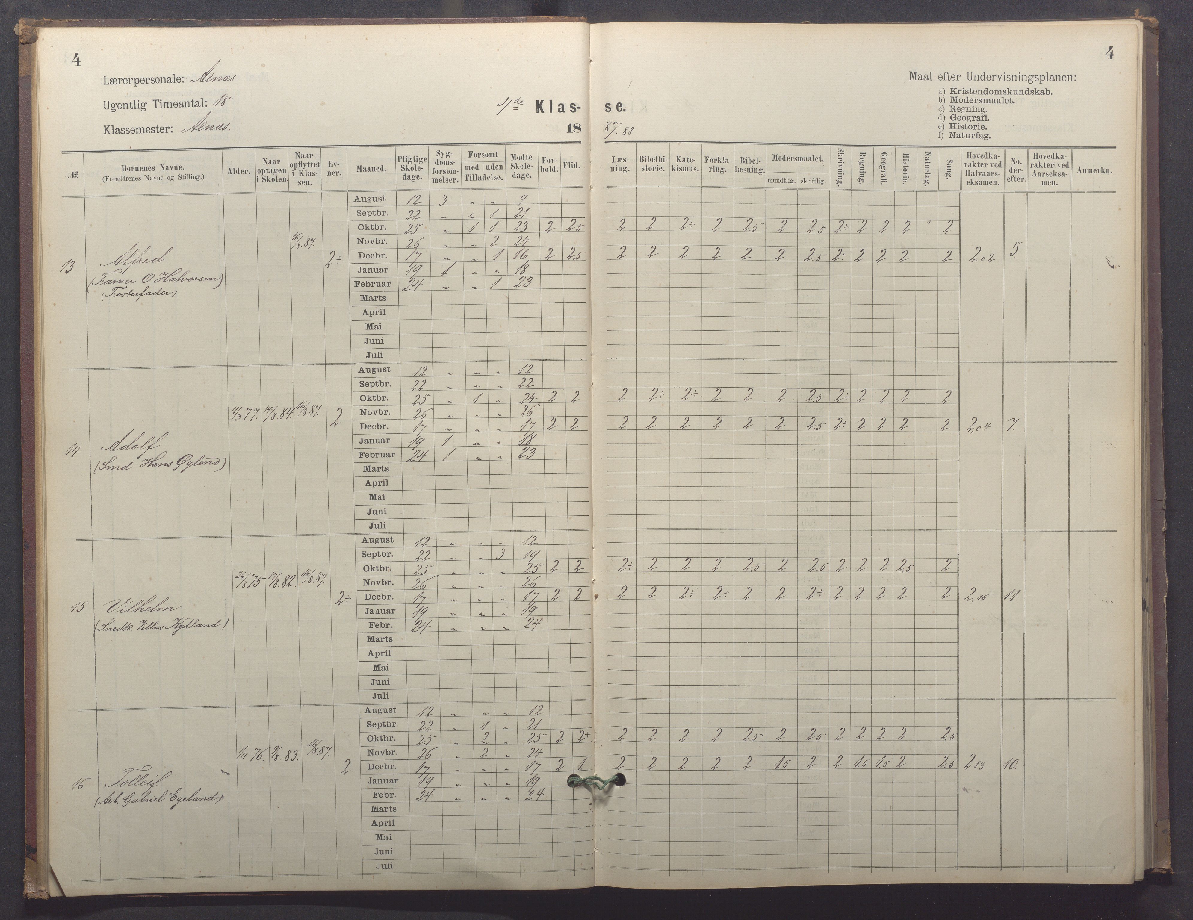 Egersund kommune (Ladested) - Egersund almueskole/folkeskole, IKAR/K-100521/H/L0025: Skoleprotokoll - Almueskolen, 4. klasse, 1887-1892, p. 4