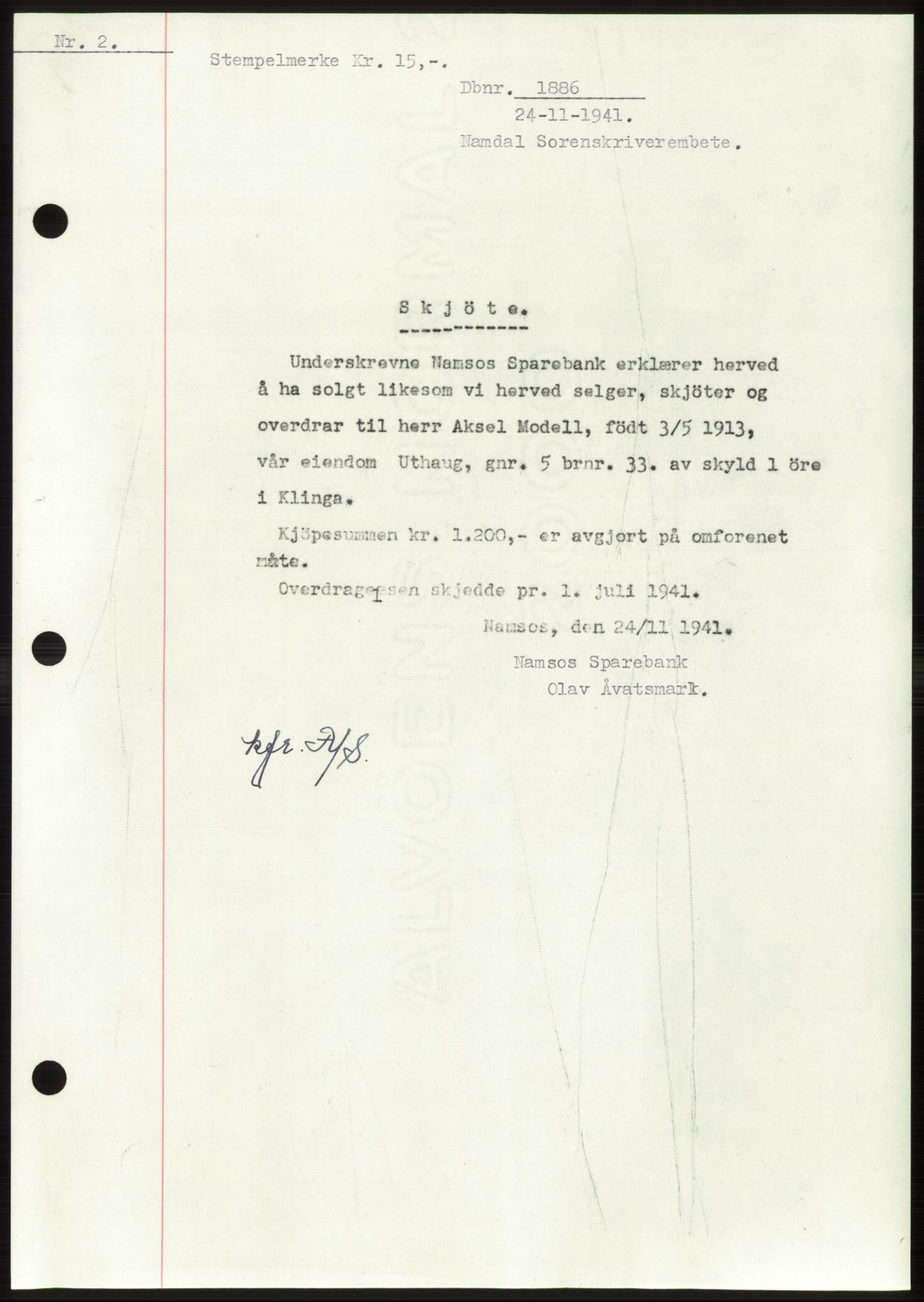 Namdal sorenskriveri, SAT/A-4133/1/2/2C: Mortgage book no. -, 1941-1942, Diary no: : 1886/1941