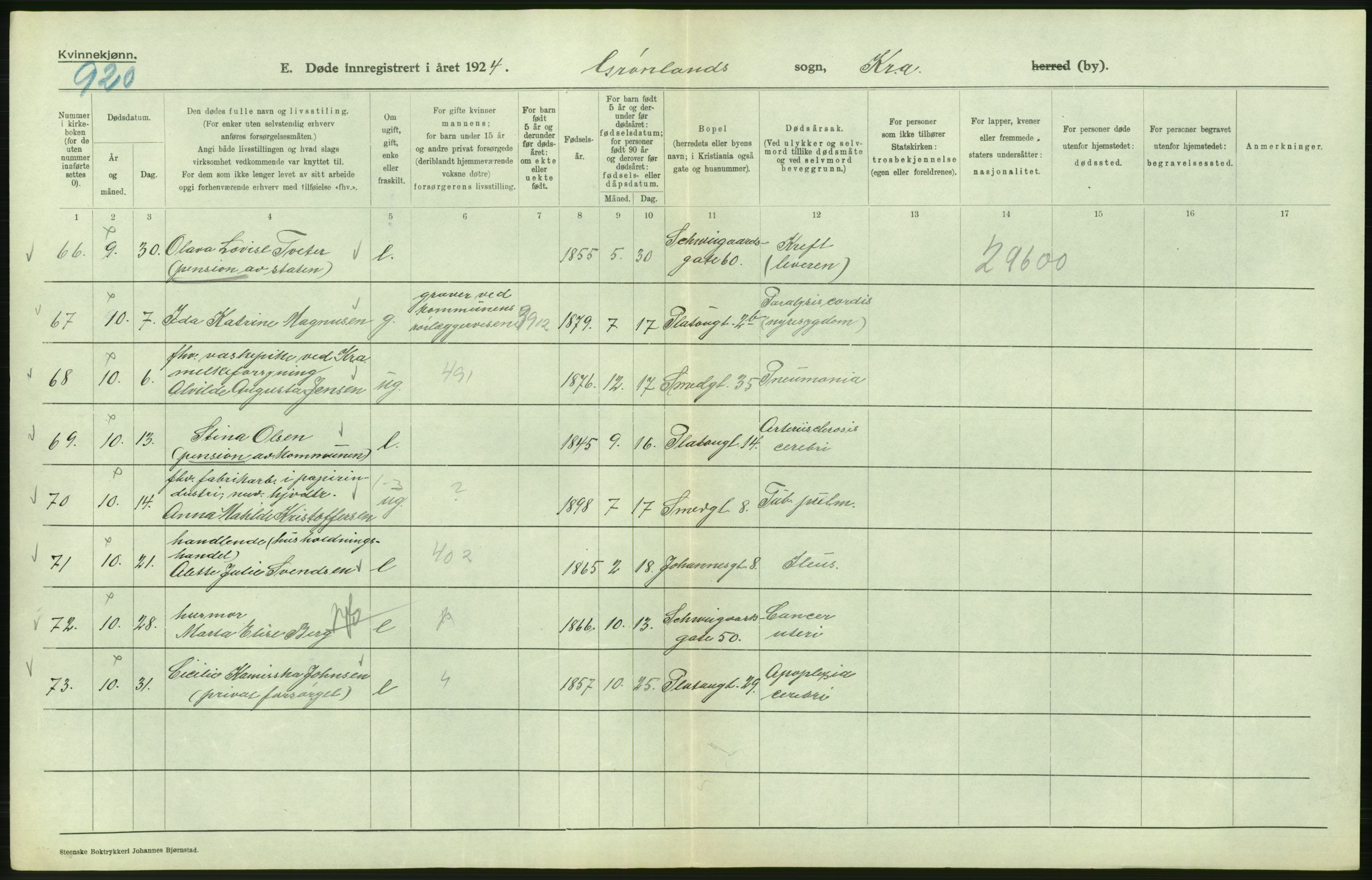 Statistisk sentralbyrå, Sosiodemografiske emner, Befolkning, AV/RA-S-2228/D/Df/Dfc/Dfcd/L0009: Kristiania: Døde kvinner, dødfødte, 1924, p. 314