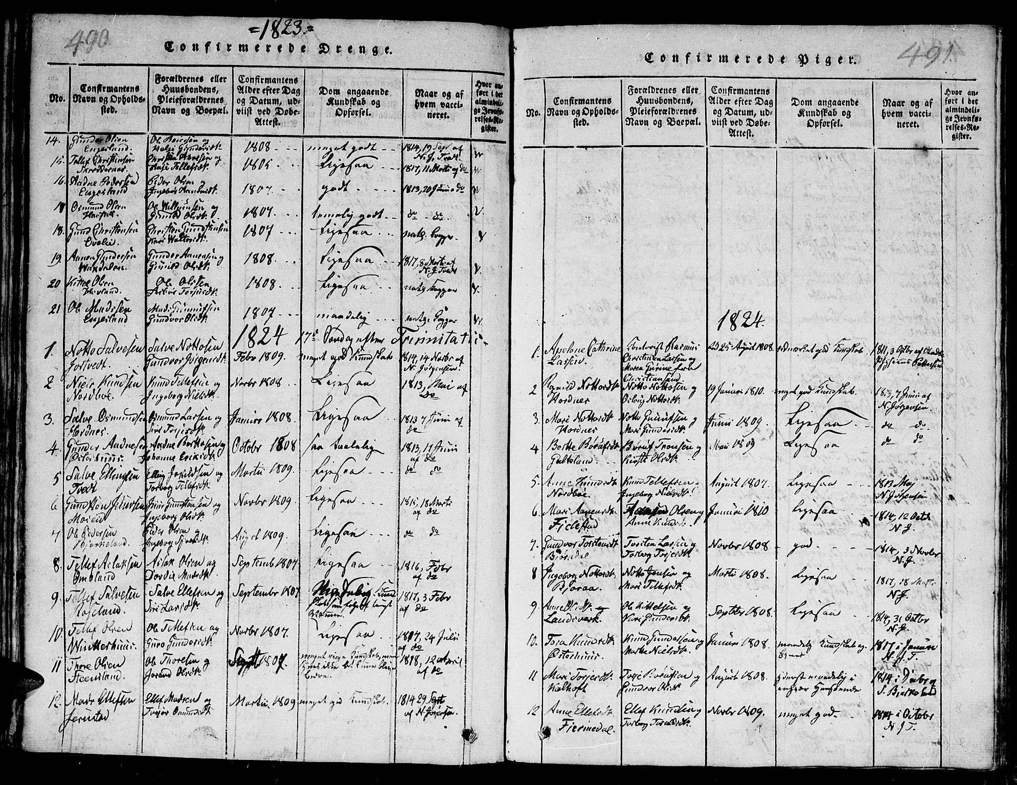 Evje sokneprestkontor, AV/SAK-1111-0008/F/Fb/Fba/L0001: Parish register (copy) no. B 1, 1816-1842, p. 490-491