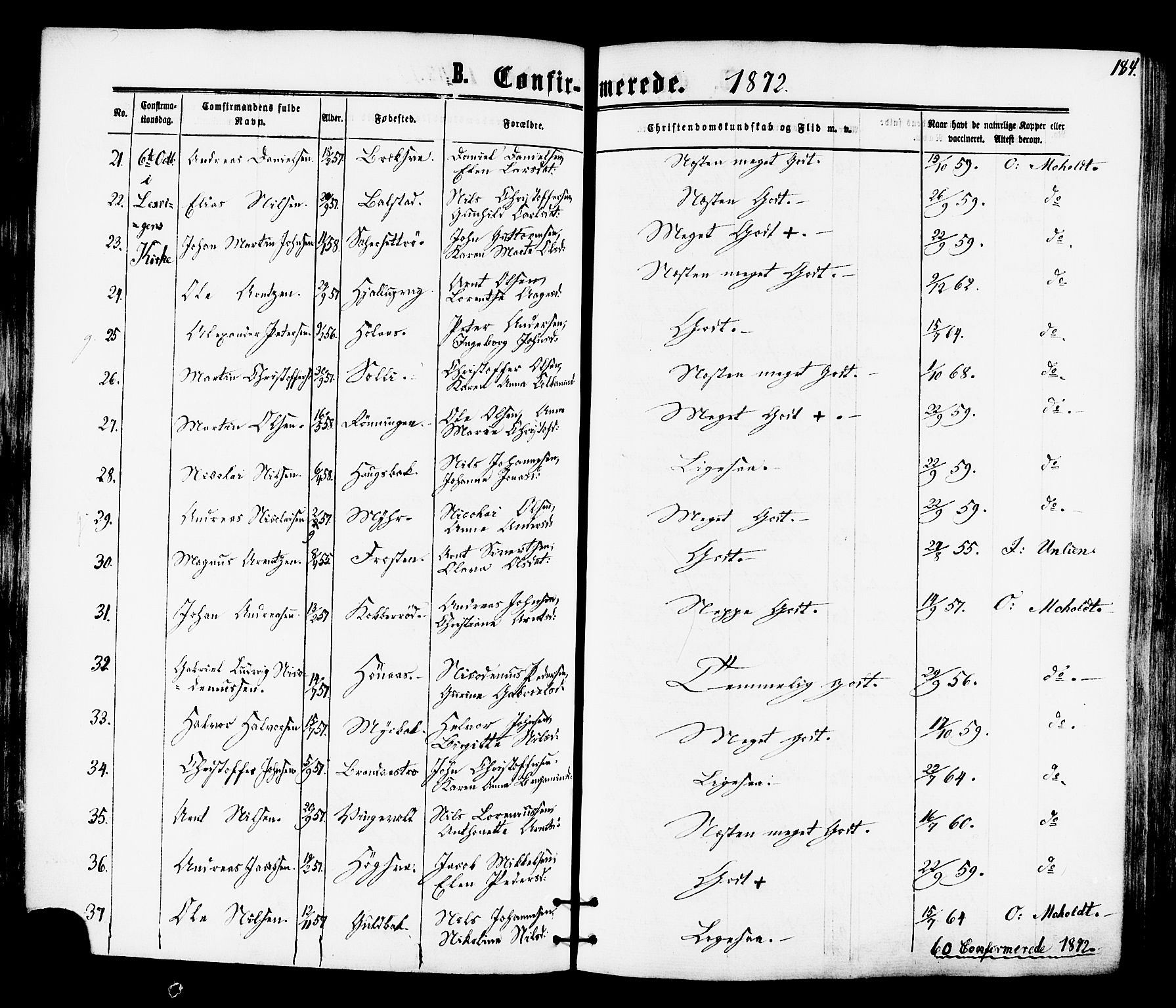 Ministerialprotokoller, klokkerbøker og fødselsregistre - Nord-Trøndelag, SAT/A-1458/701/L0009: Parish register (official) no. 701A09 /1, 1864-1882, p. 184