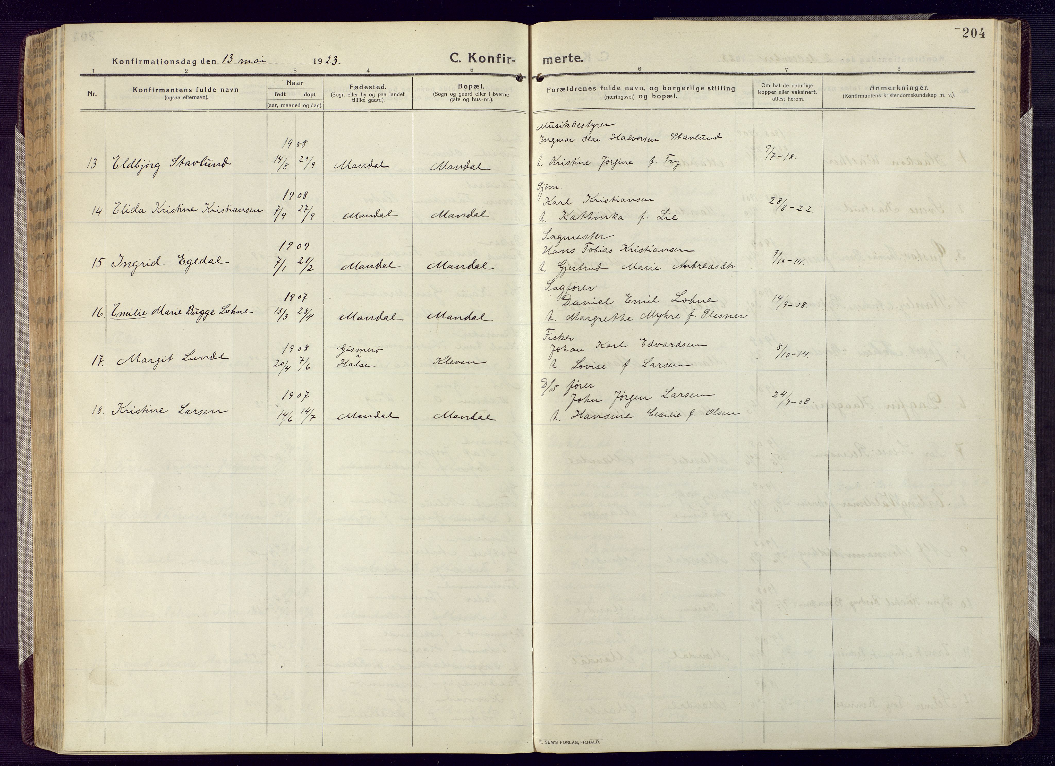 Mandal sokneprestkontor, AV/SAK-1111-0030/F/Fa/Fac/L0001: Parish register (official) no. A 1, 1913-1925, p. 204