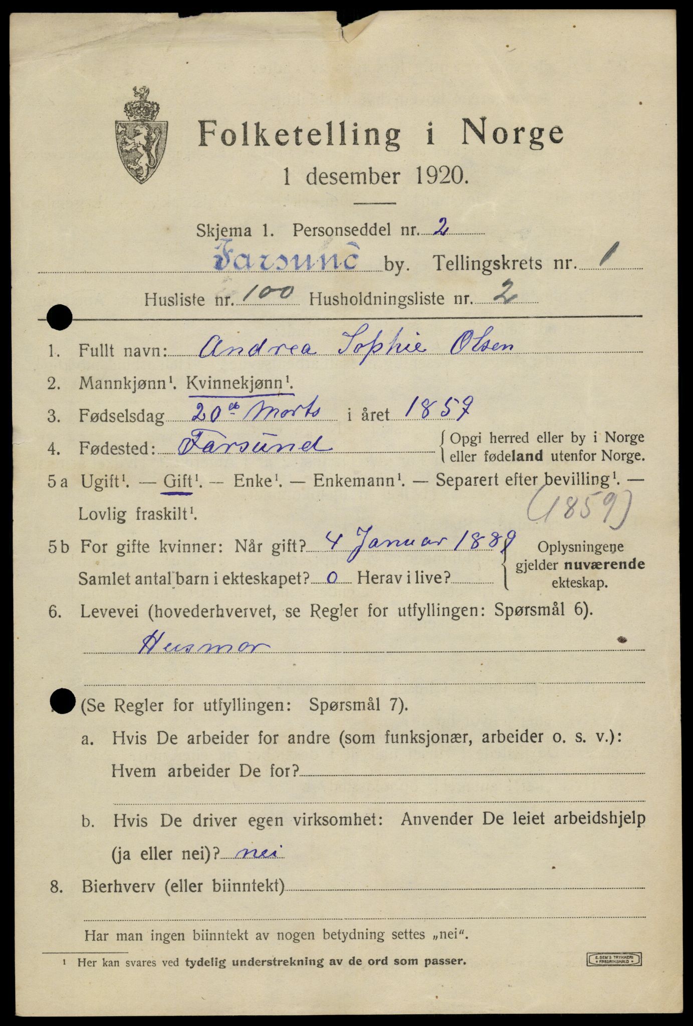 SAK, 1920 census for Farsund, 1920, p. 2561