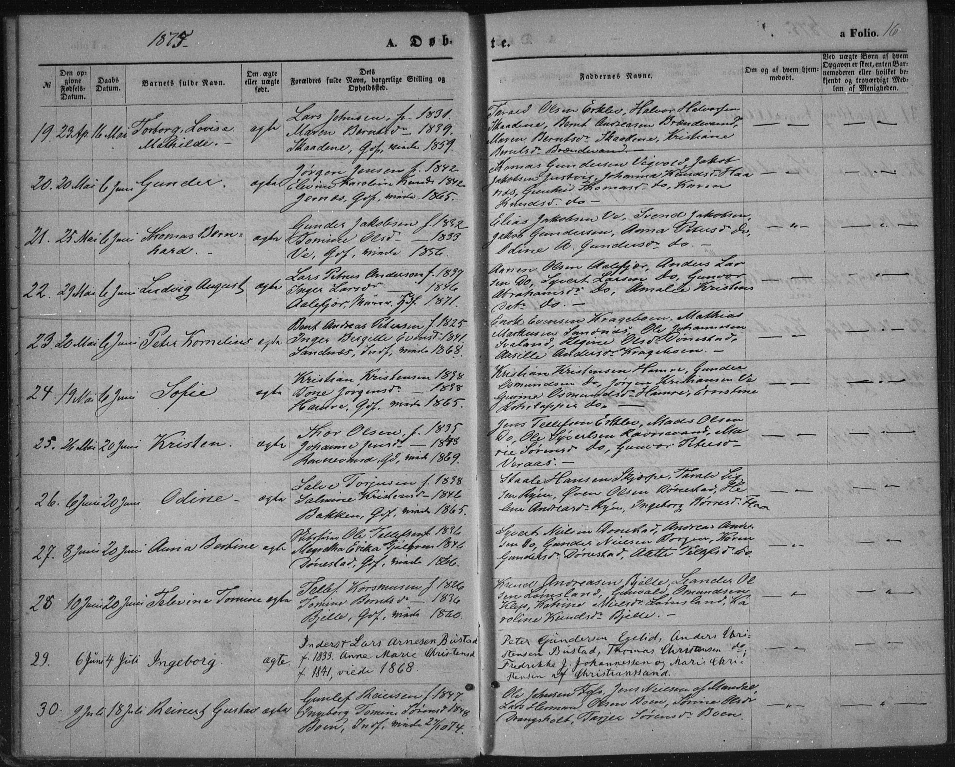 Tveit sokneprestkontor, AV/SAK-1111-0043/F/Fa/L0006: Parish register (official) no. A 6, 1872-1886, p. 16