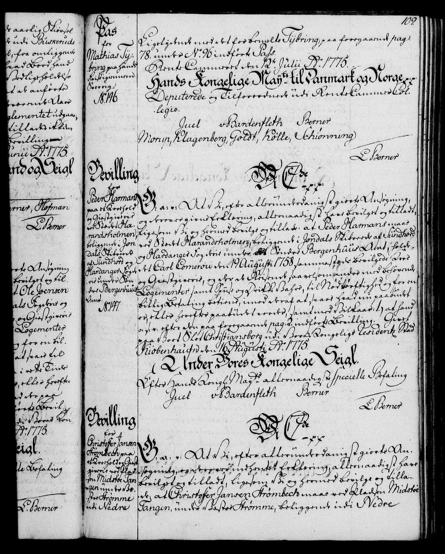 Rentekammeret, Kammerkanselliet, RA/EA-3111/G/Gg/Gga/L0010: Norsk ekspedisjonsprotokoll med register (merket RK 53.10), 1773-1778, p. 109