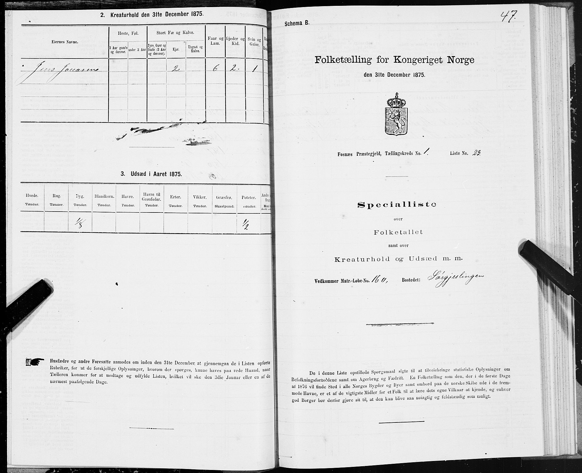 SAT, 1875 census for 1748P Fosnes, 1875, p. 1047