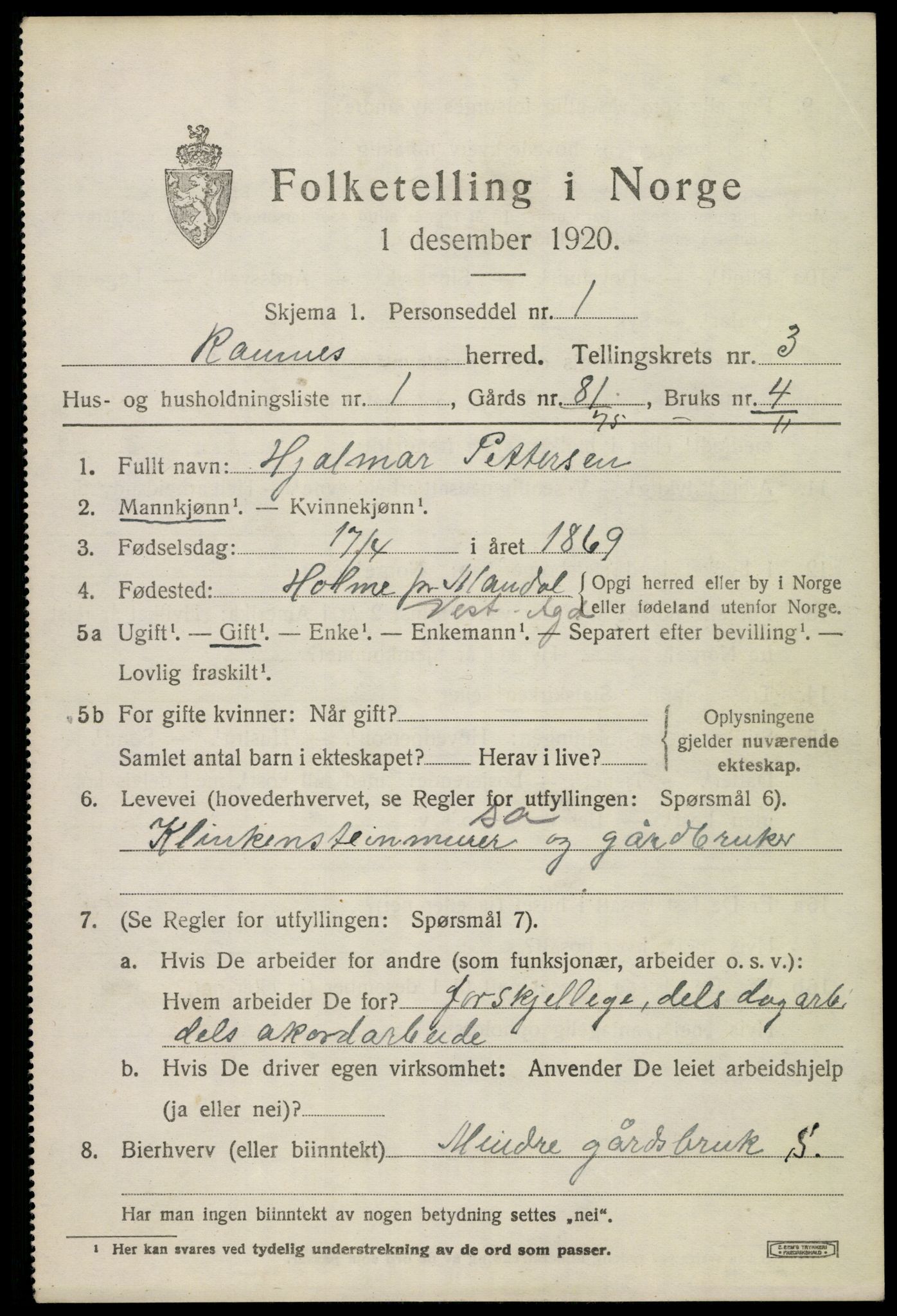 SAKO, 1920 census for Ramnes, 1920, p. 3240