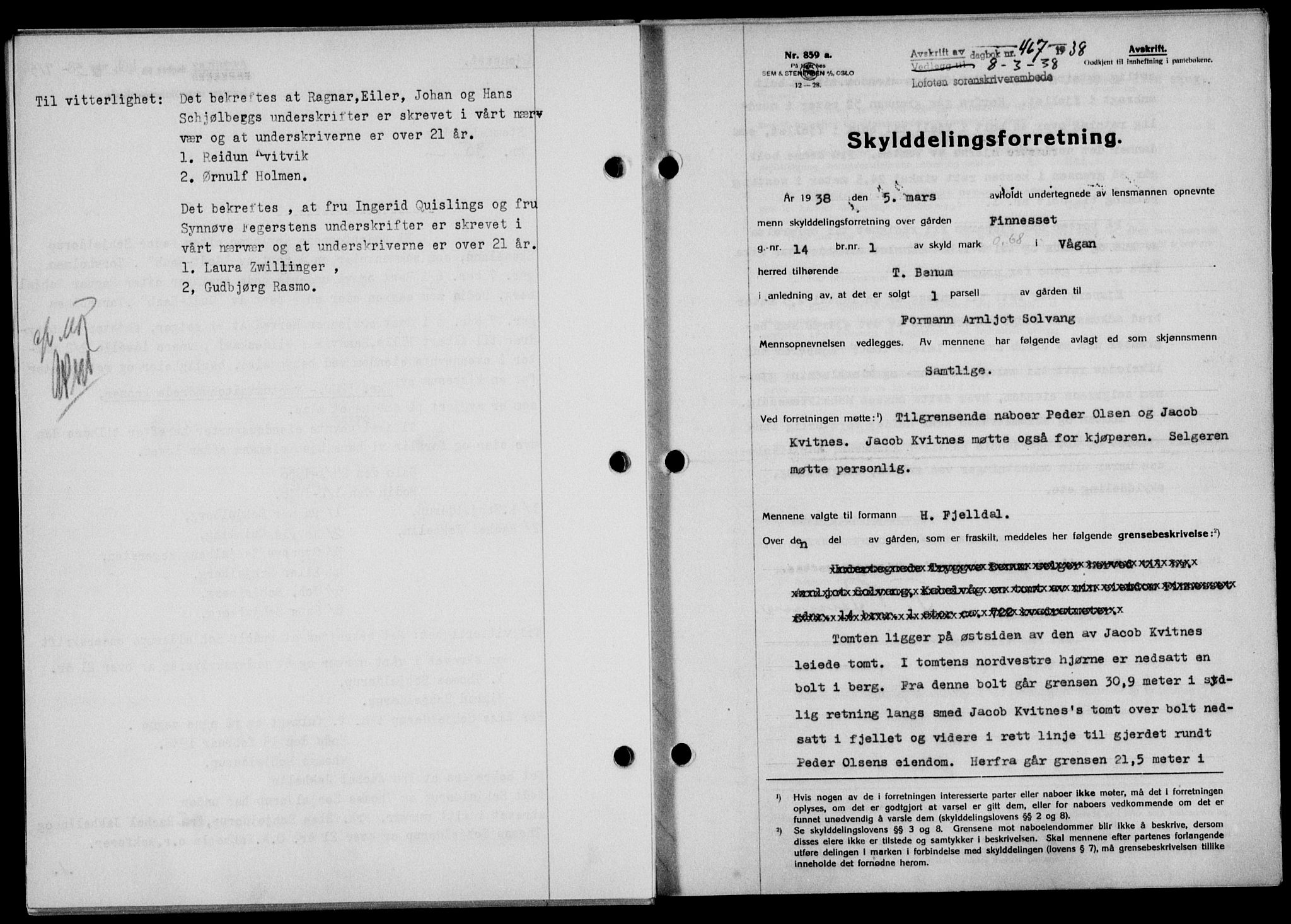 Lofoten sorenskriveri, SAT/A-0017/1/2/2C/L0003a: Mortgage book no. 3a, 1937-1938, Diary no: : 467/1938