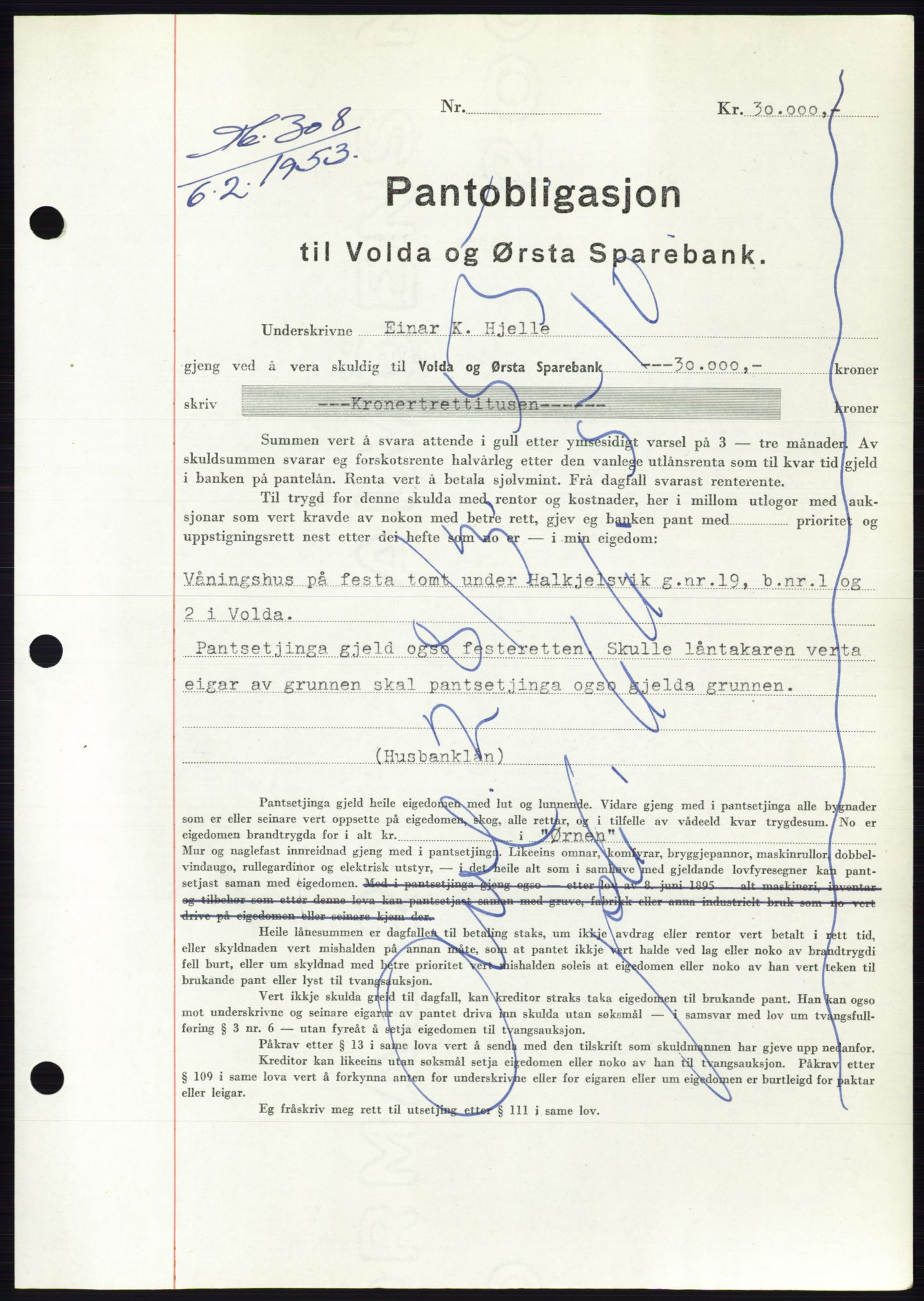 Søre Sunnmøre sorenskriveri, AV/SAT-A-4122/1/2/2C/L0122: Mortgage book no. 10B, 1952-1953, Diary no: : 308/1953