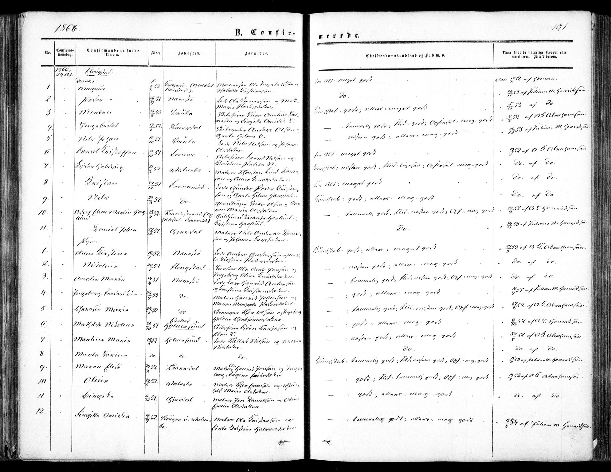 Dypvåg sokneprestkontor, SAK/1111-0007/F/Fa/Faa/L0006: Parish register (official) no. A 6, 1855-1872, p. 191