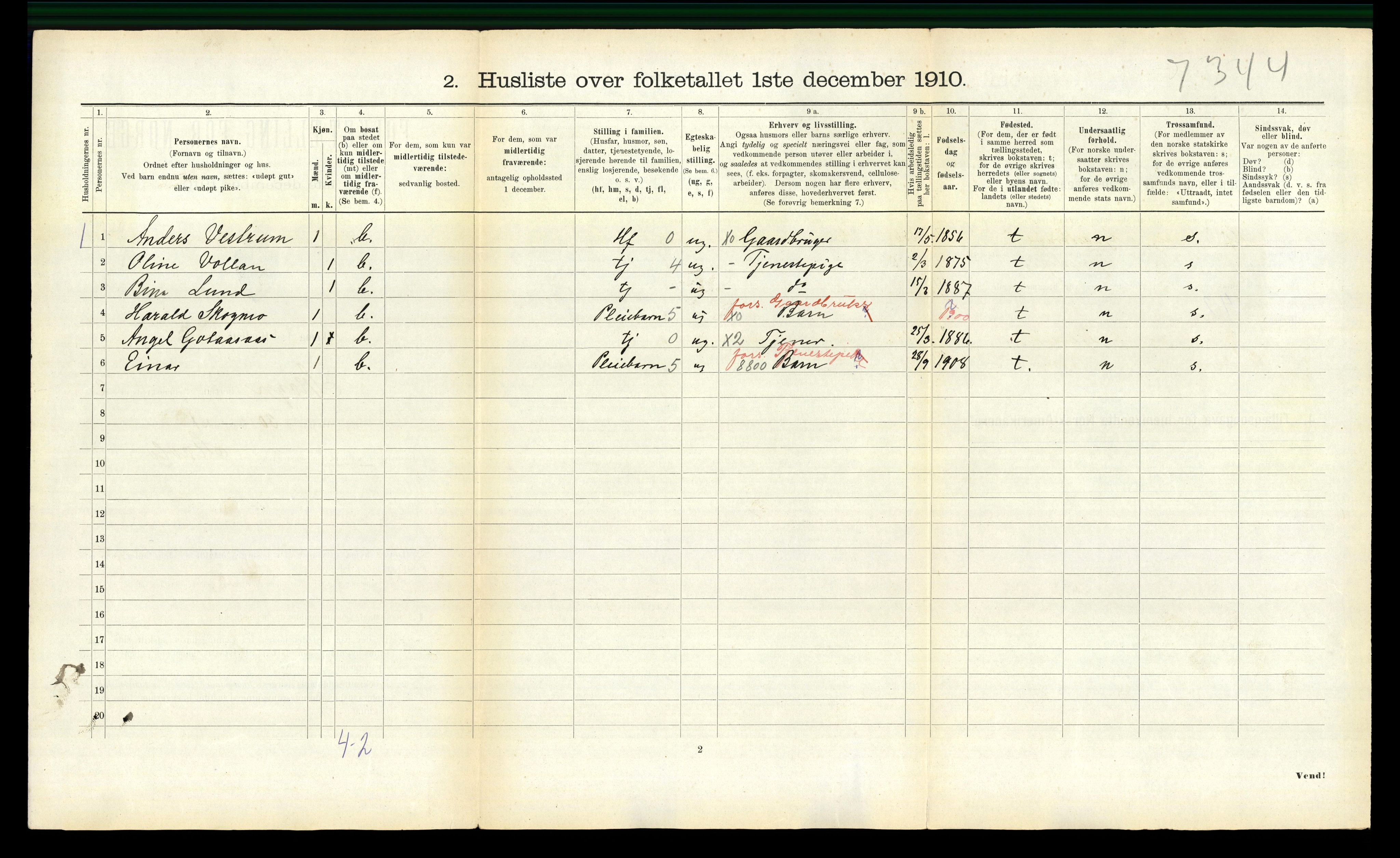 RA, 1910 census for Skogn, 1910, p. 325