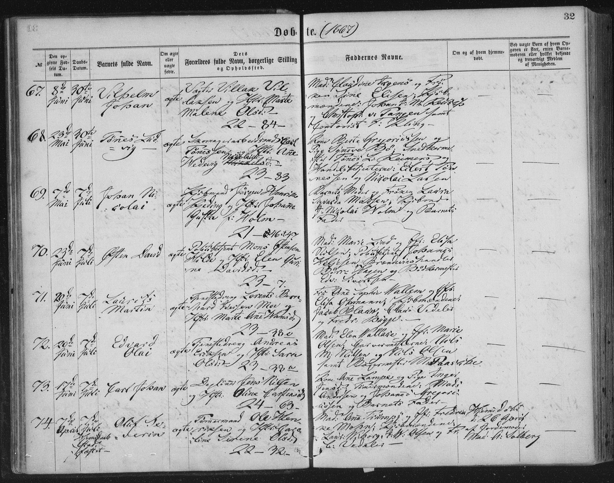 Korskirken sokneprestembete, SAB/A-76101/H/Haa/L0019: Parish register (official) no. B 5, 1866-1871, p. 32
