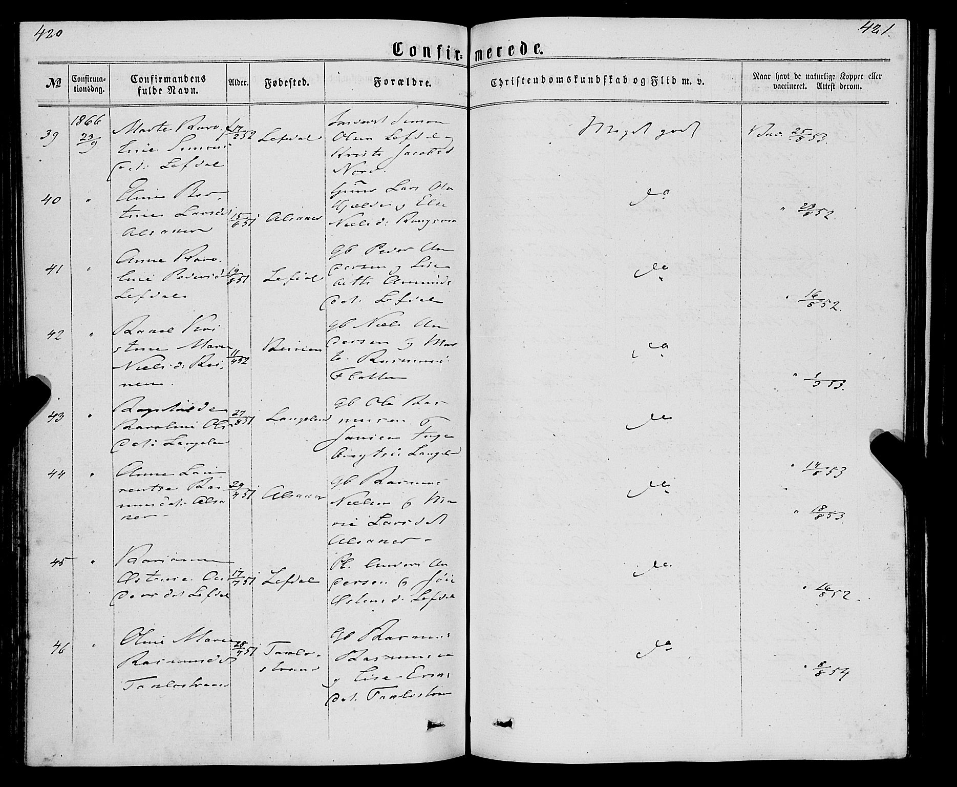 Eid sokneprestembete, SAB/A-82301/H/Haa/Haaa/L0009: Parish register (official) no. A 9, 1861-1868, p. 420-421