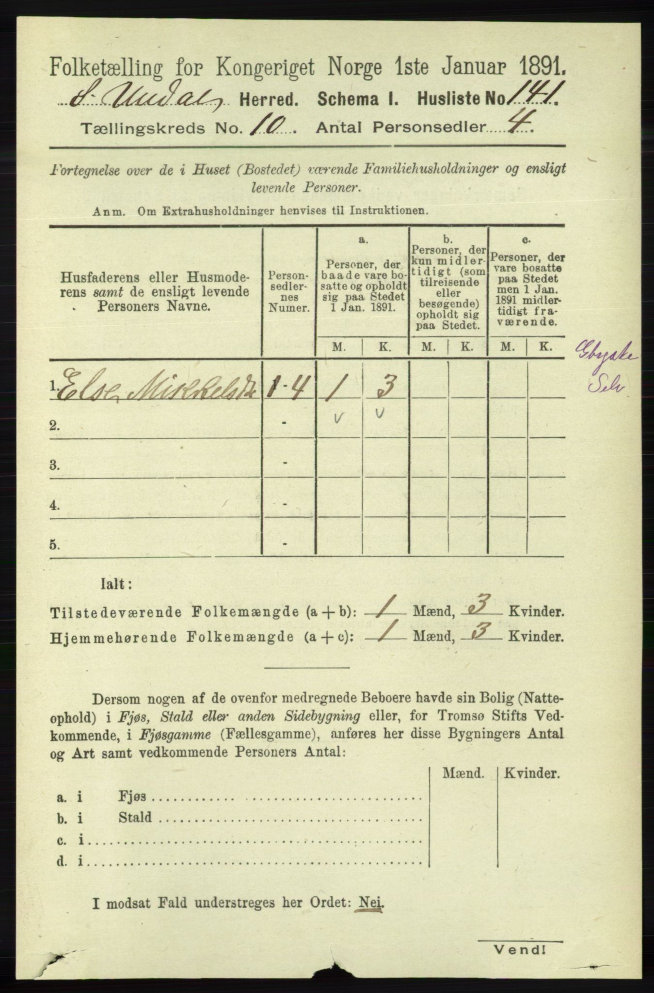 RA, 1891 census for 1029 Sør-Audnedal, 1891, p. 4425