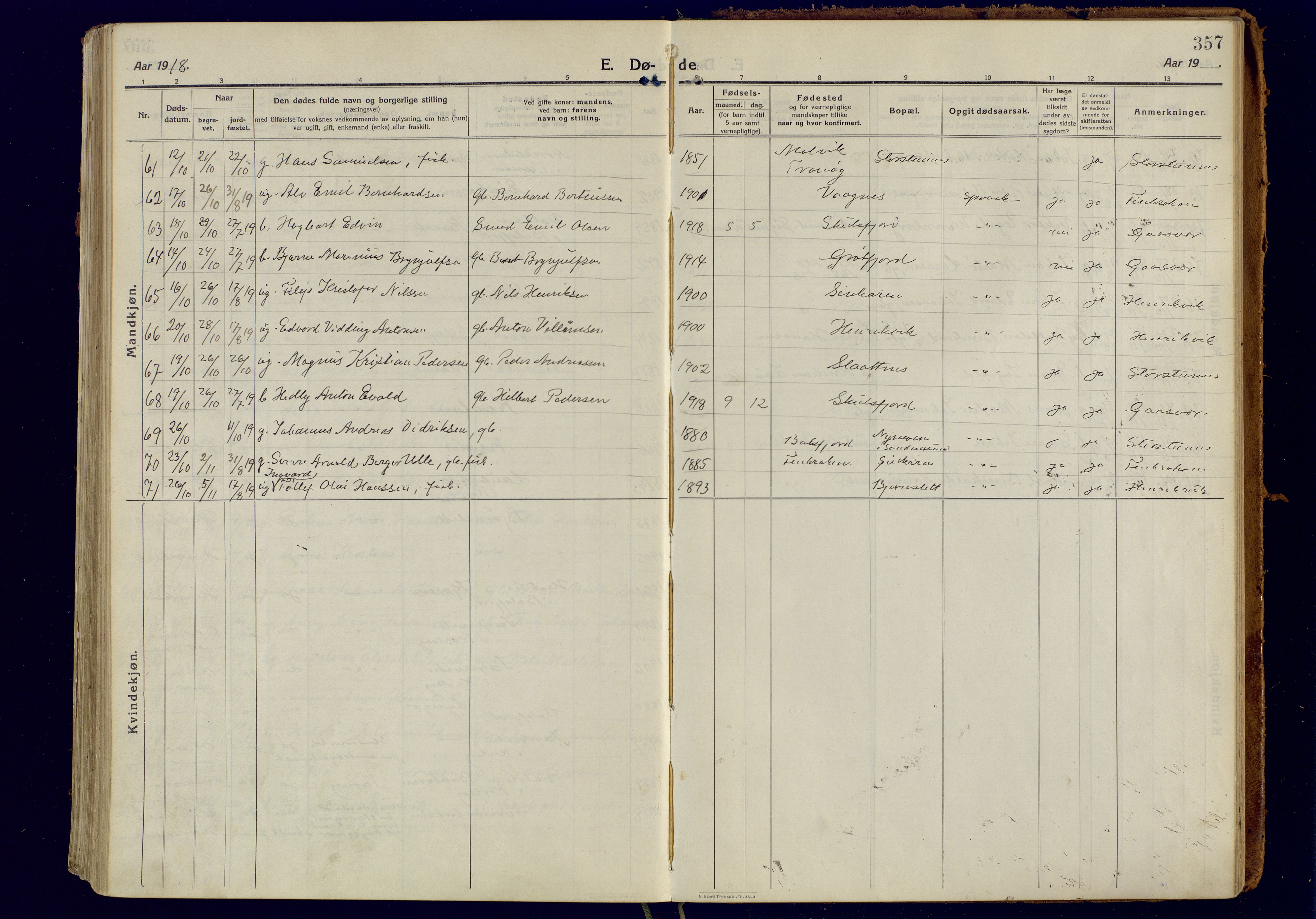 Tromsøysund sokneprestkontor, AV/SATØ-S-1304/G/Ga/L0008kirke: Parish register (official) no. 8, 1914-1922, p. 357