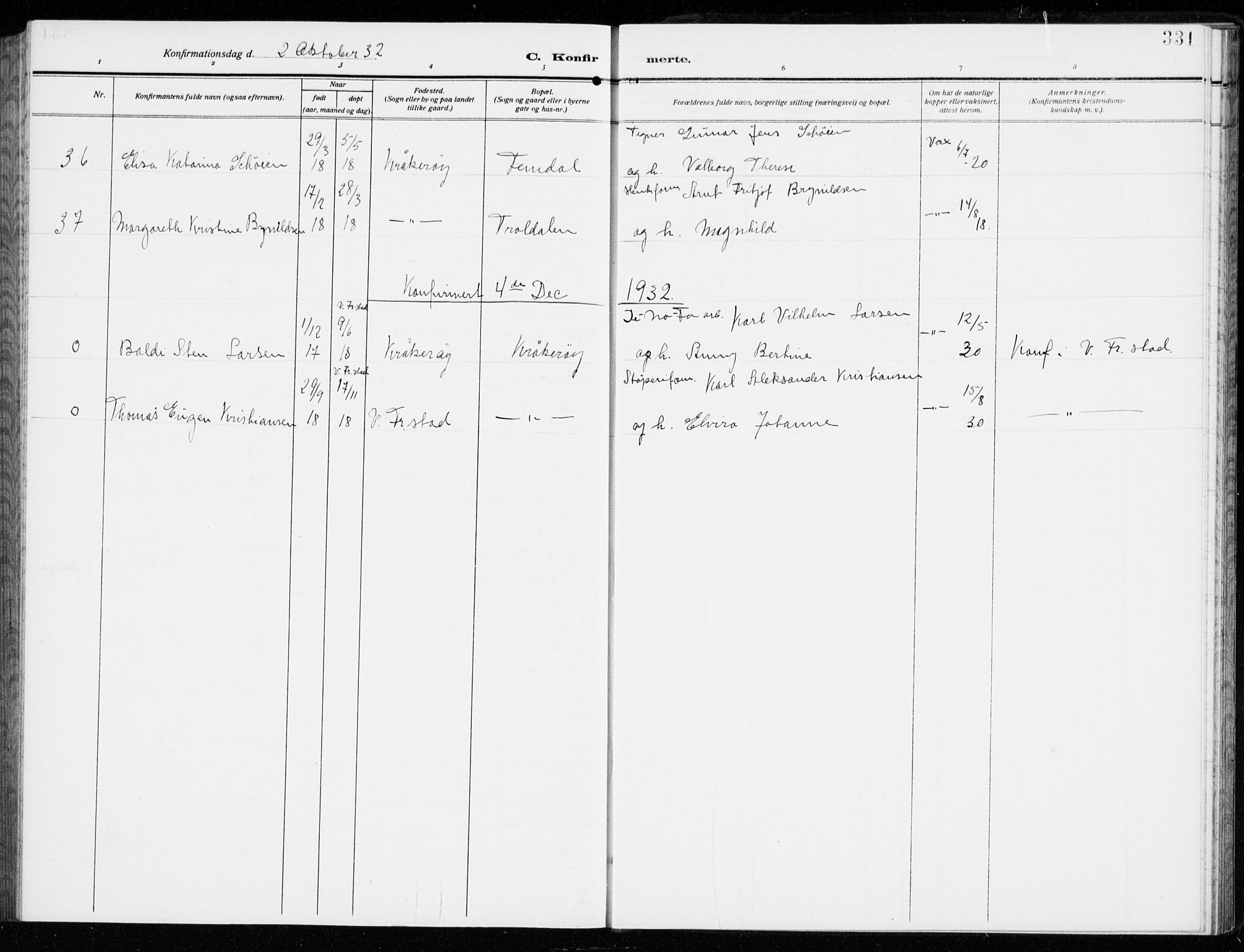 Kråkerøy prestekontor Kirkebøker, AV/SAO-A-10912/G/Ga/L0001: Parish register (copy) no. 1, 1908-1944, p. 331