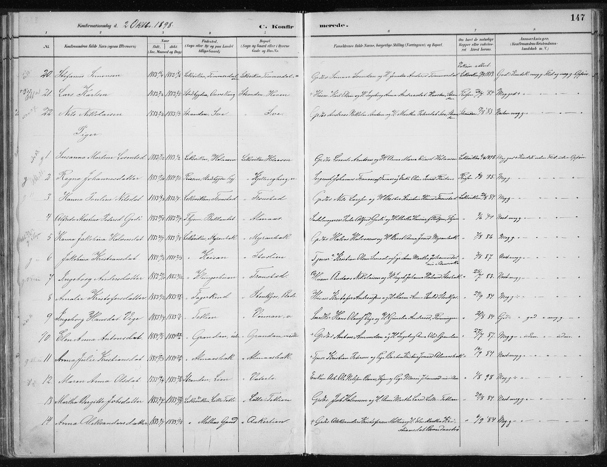 Ministerialprotokoller, klokkerbøker og fødselsregistre - Nord-Trøndelag, SAT/A-1458/701/L0010: Parish register (official) no. 701A10, 1883-1899, p. 147