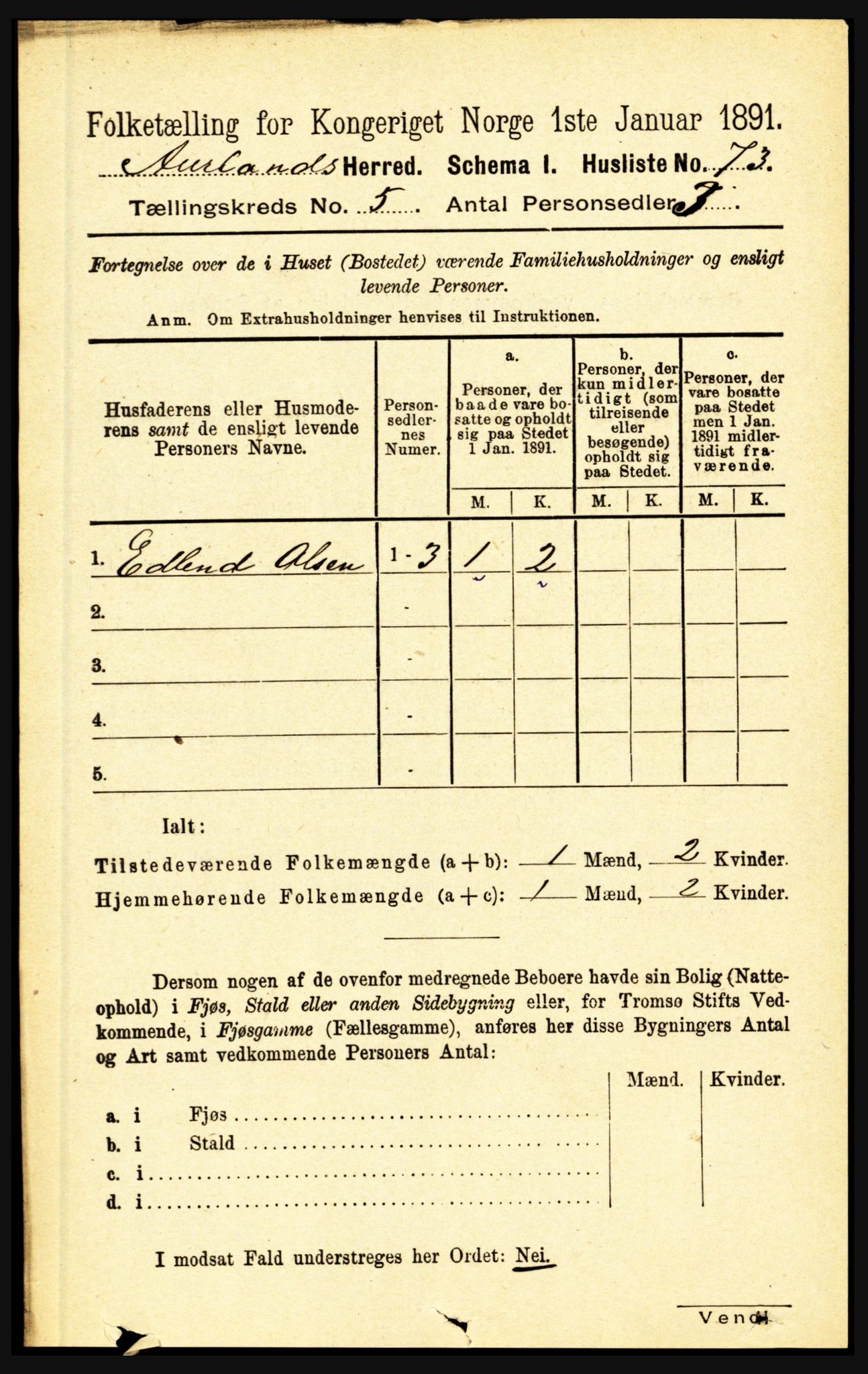 RA, 1891 census for 1421 Aurland, 1891, p. 1781