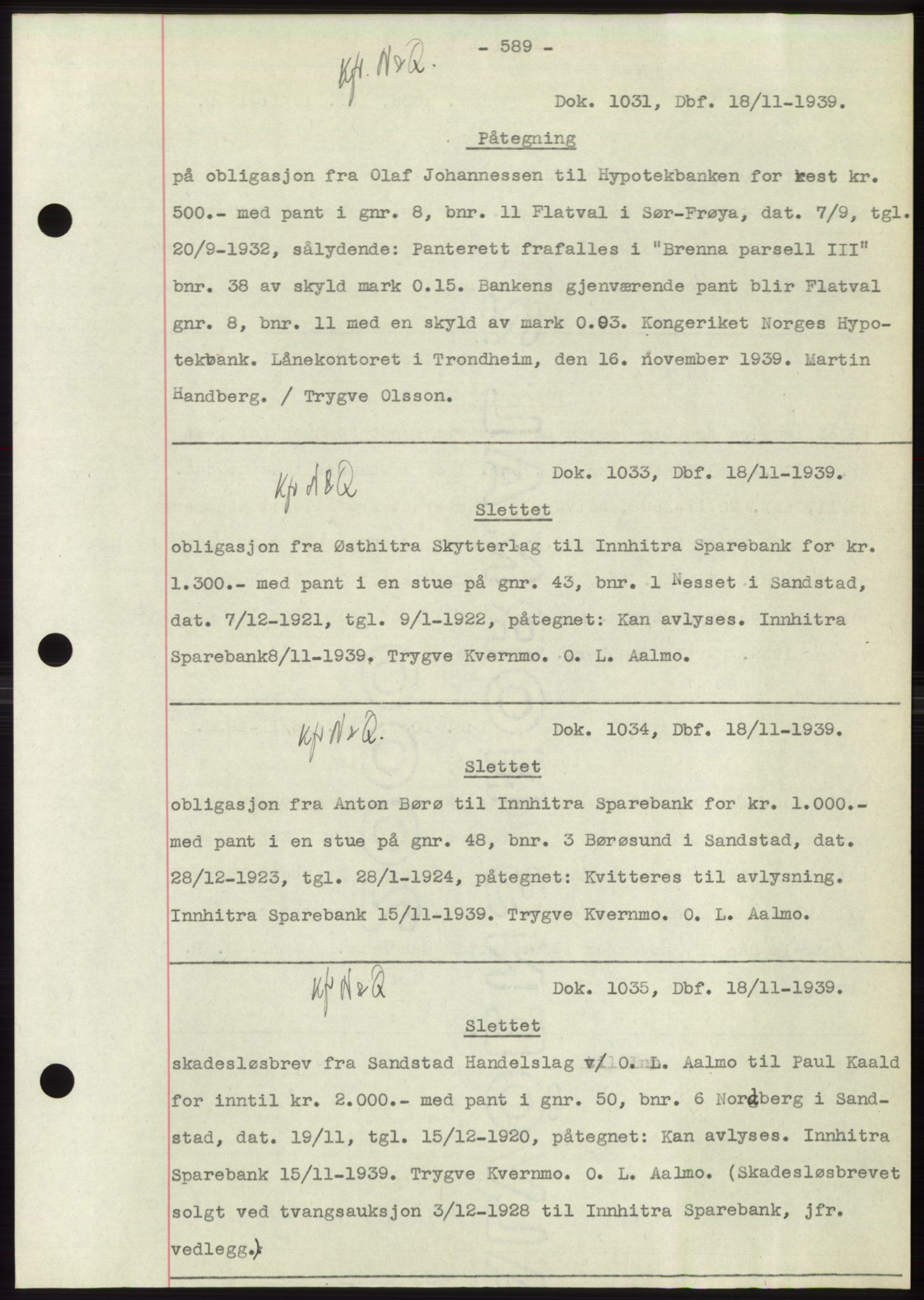Hitra sorenskriveri, AV/SAT-A-0018/2/2C/2Ca: Mortgage book no. C1, 1936-1945, Diary no: : 1031/1939