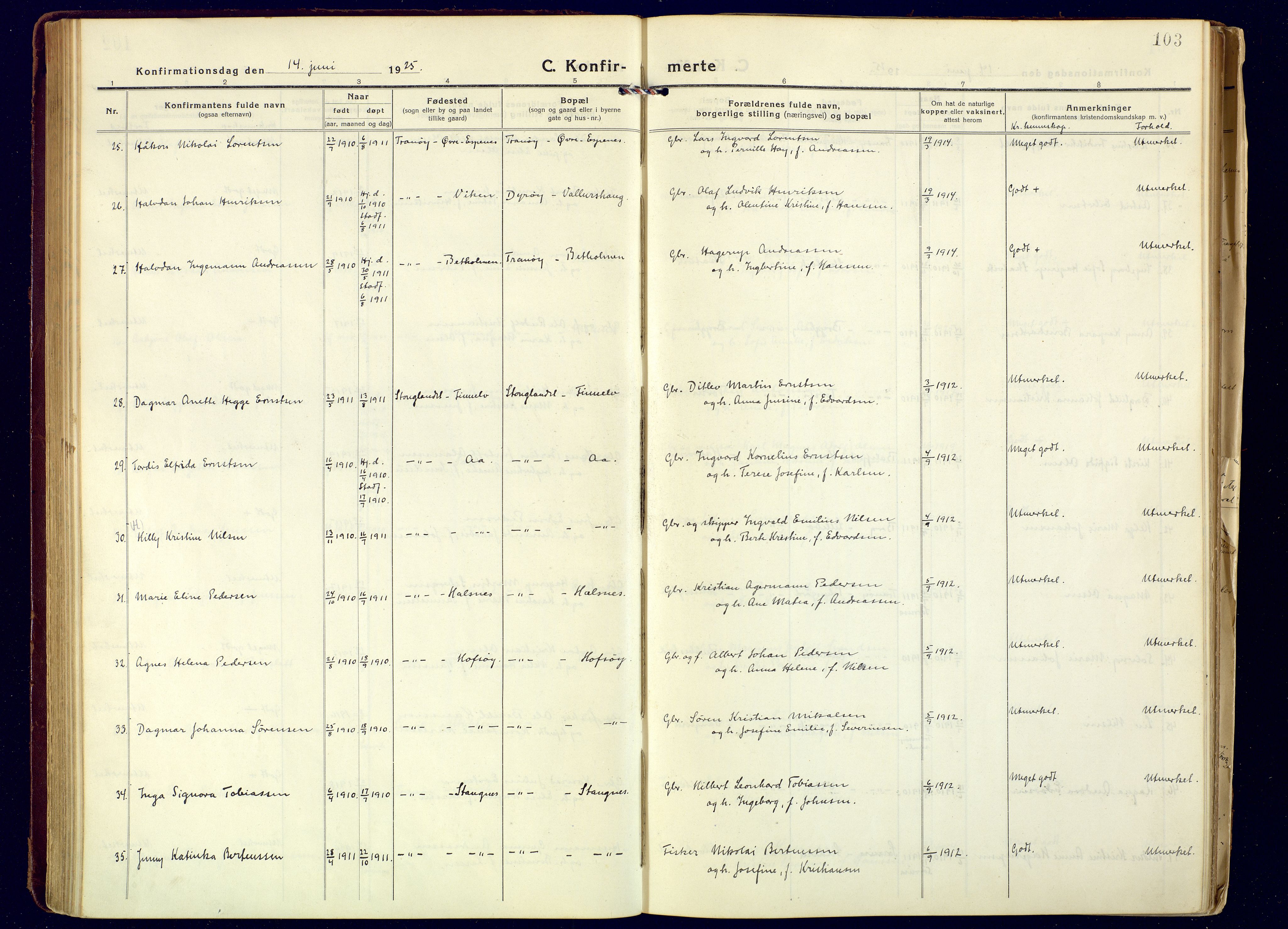 Tranøy sokneprestkontor, AV/SATØ-S-1313/I/Ia/Iaa/L0016kirke: Parish register (official) no. 16, 1919-1932, p. 103