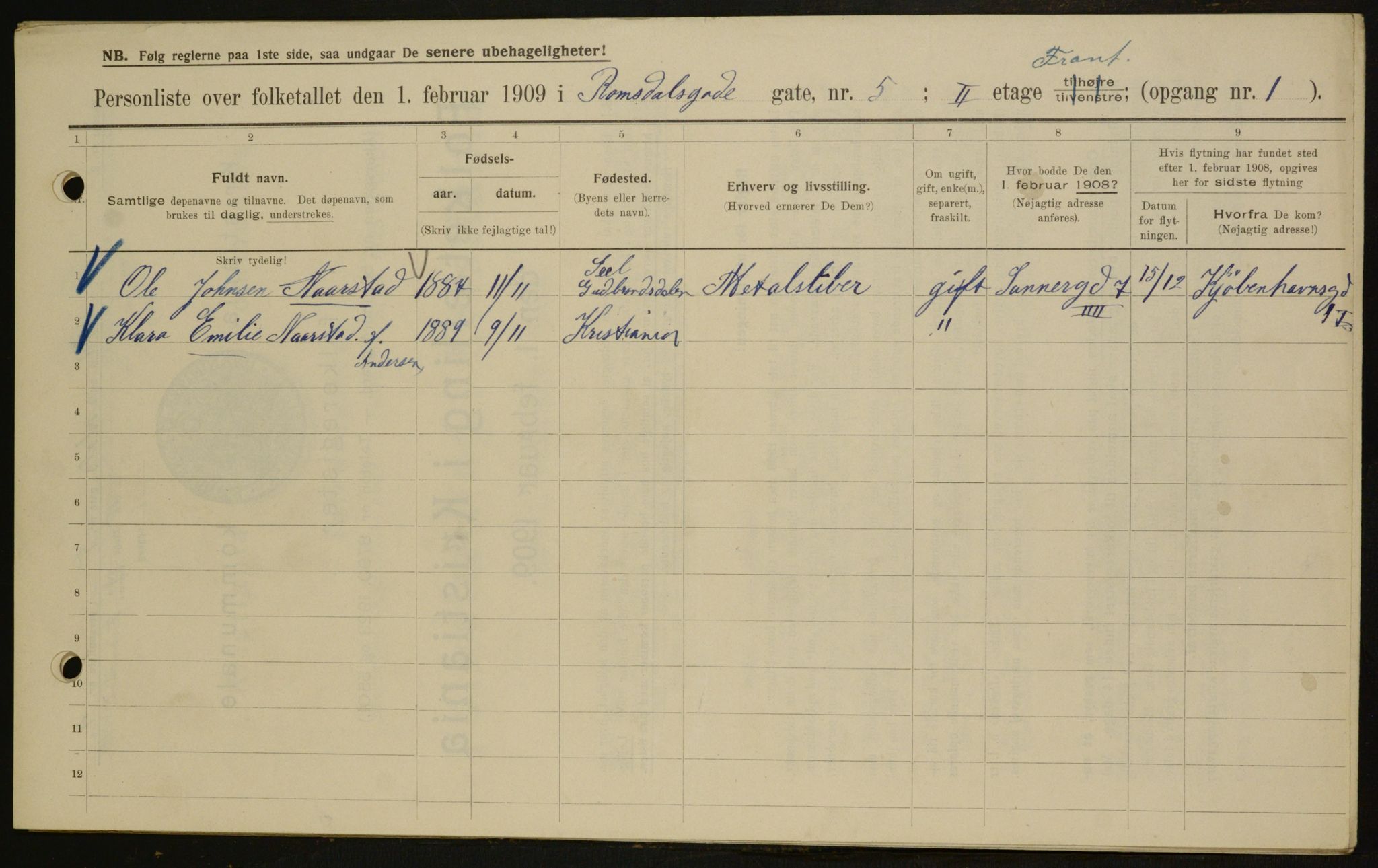 OBA, Municipal Census 1909 for Kristiania, 1909, p. 75450