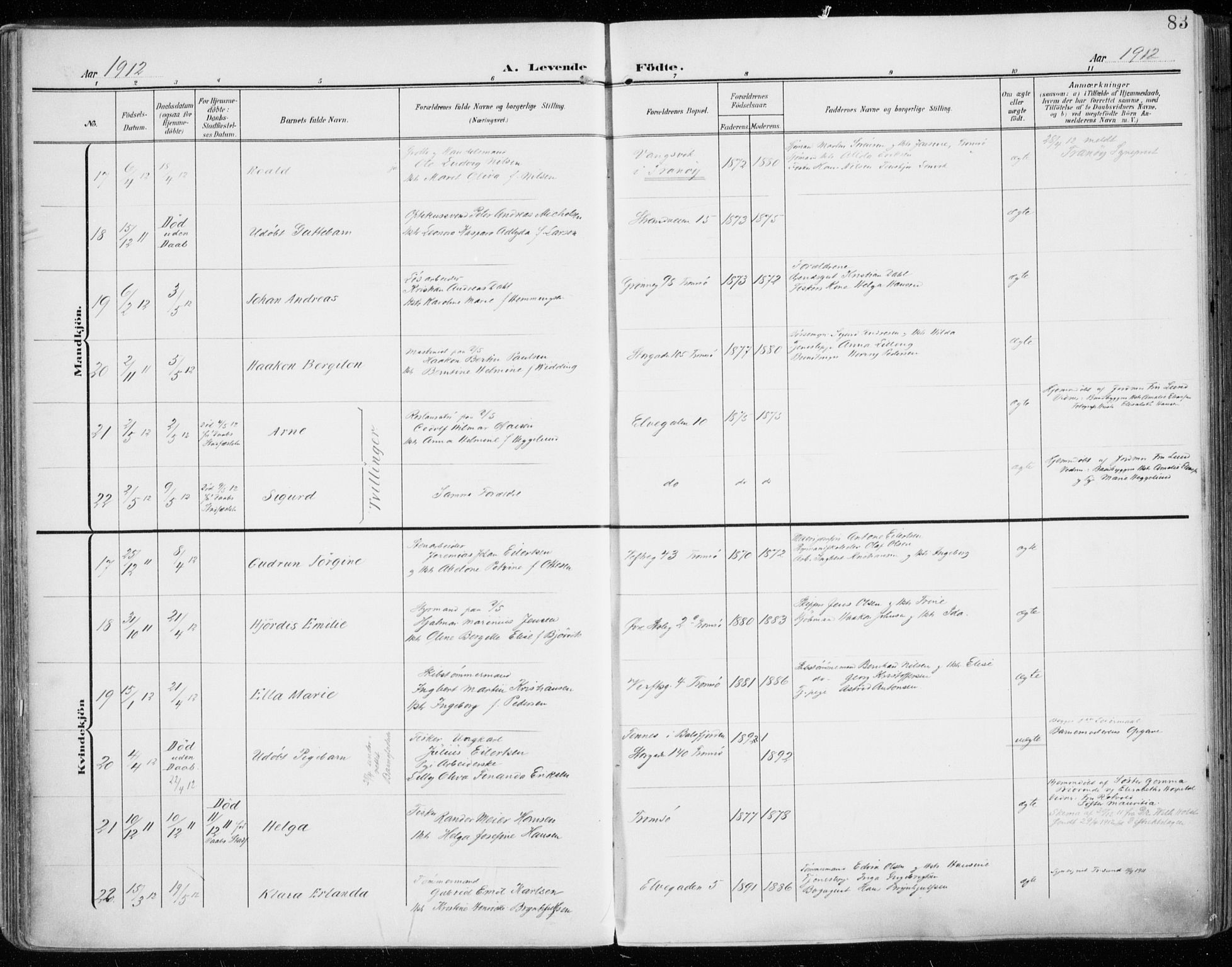 Tromsø sokneprestkontor/stiftsprosti/domprosti, AV/SATØ-S-1343/G/Ga/L0017kirke: Parish register (official) no. 17, 1907-1917, p. 83