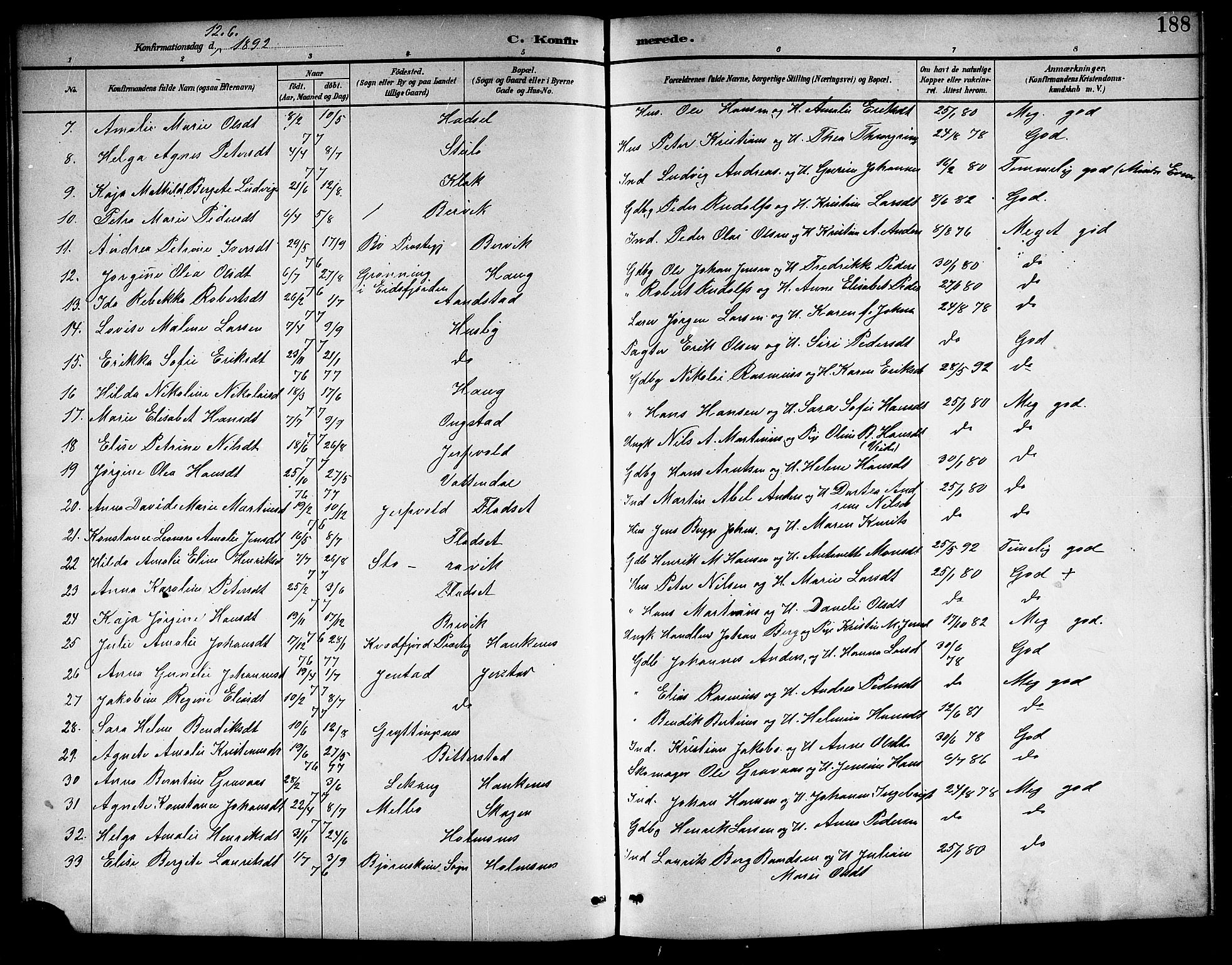 Ministerialprotokoller, klokkerbøker og fødselsregistre - Nordland, AV/SAT-A-1459/888/L1268: Parish register (copy) no. 888C06, 1891-1908, p. 188