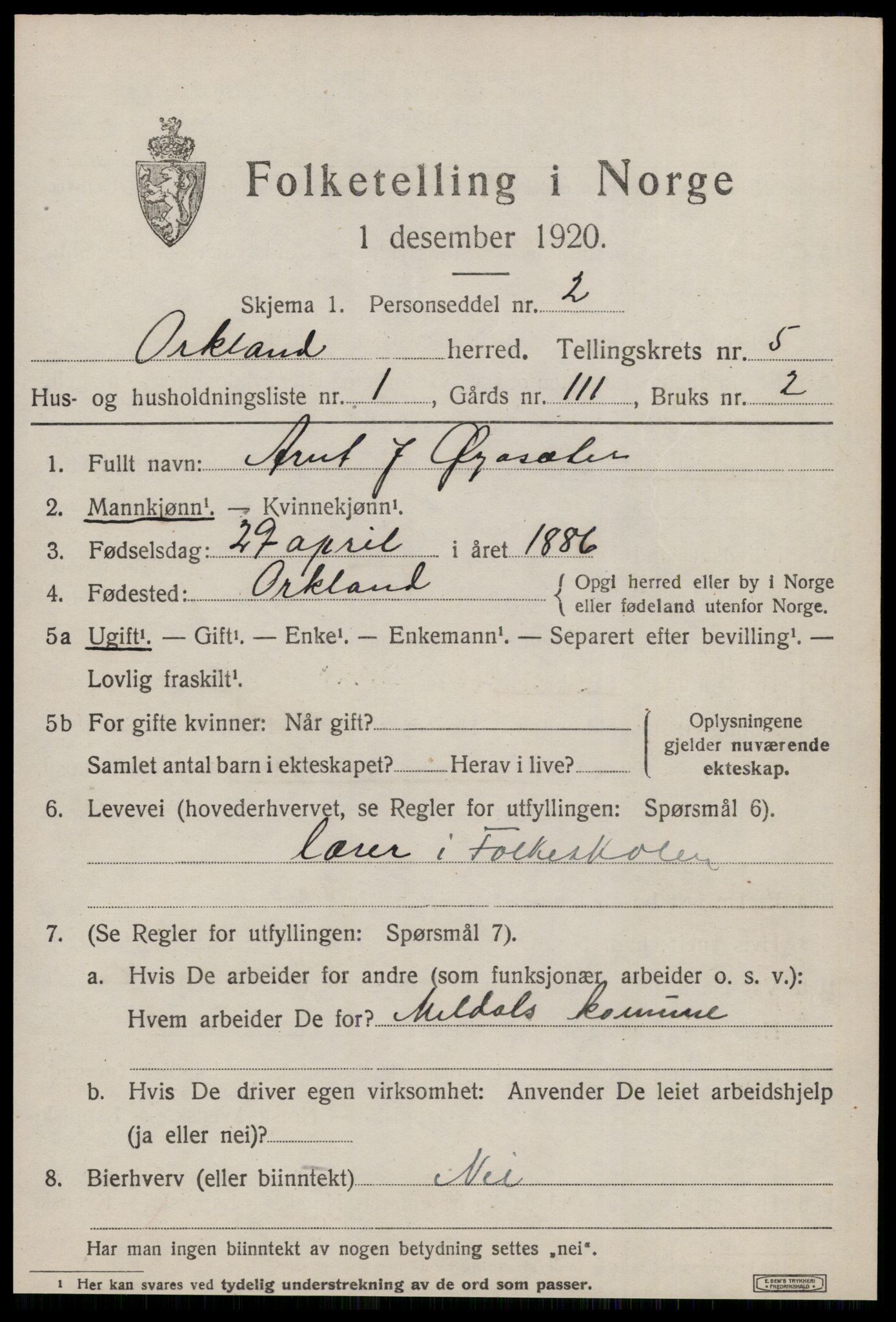 SAT, 1920 census for Orkland, 1920, p. 4024