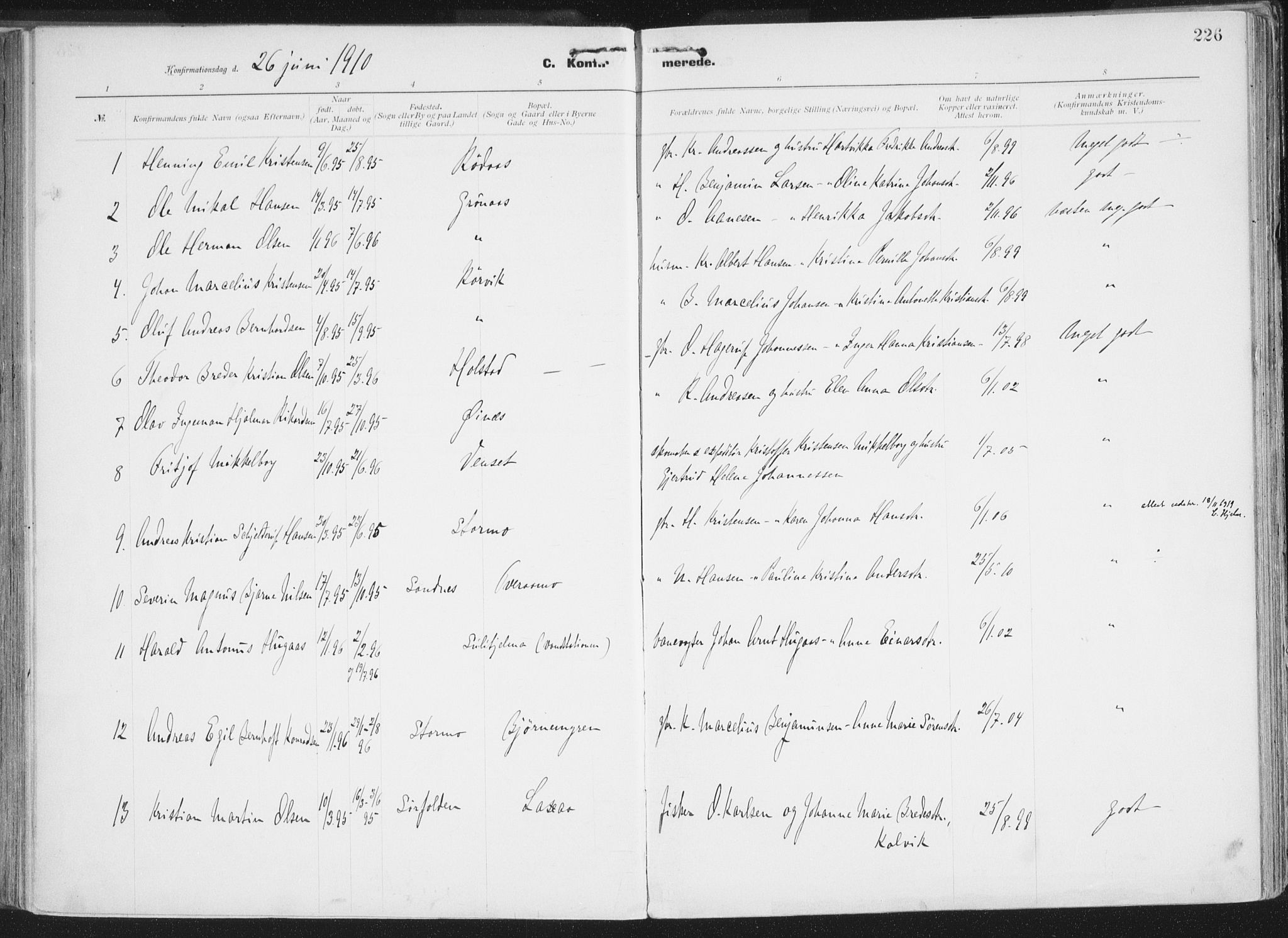 Ministerialprotokoller, klokkerbøker og fødselsregistre - Nordland, AV/SAT-A-1459/849/L0696: Parish register (official) no. 849A08, 1898-1910, p. 226