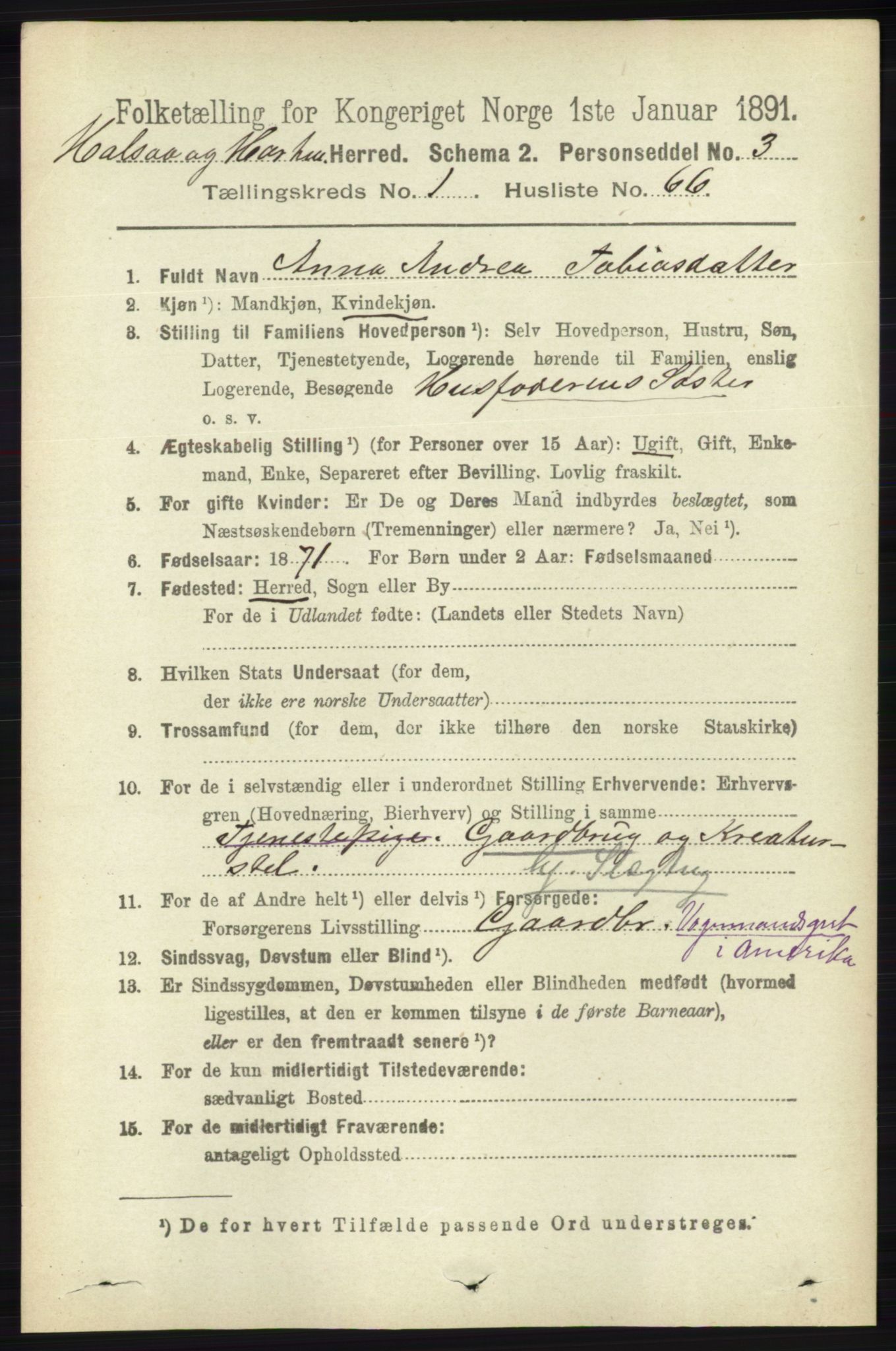 RA, 1891 census for 1019 Halse og Harkmark, 1891, p. 425