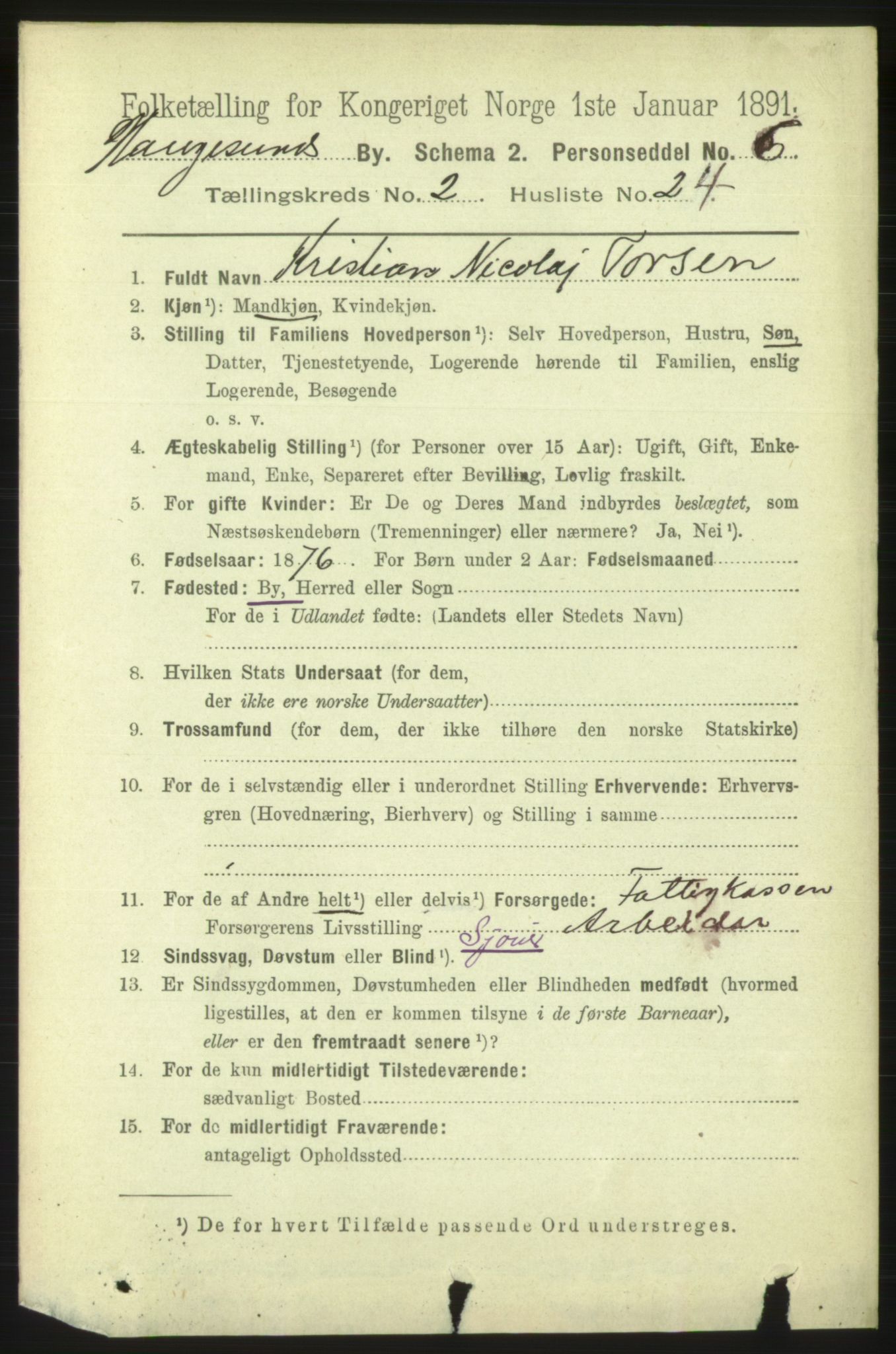 RA, 1891 census for 1106 Haugesund, 1891, p. 1051