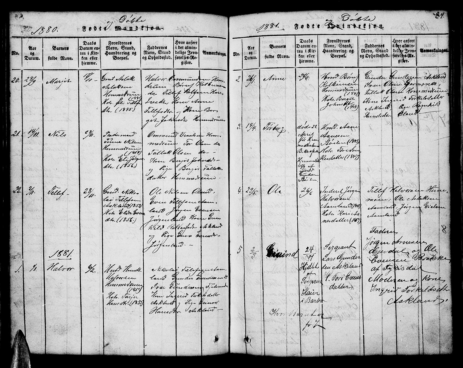 Åmli sokneprestkontor, AV/SAK-1111-0050/F/Fb/Fba/L0001: Parish register (copy) no. B 1, 1816-1890, p. 84