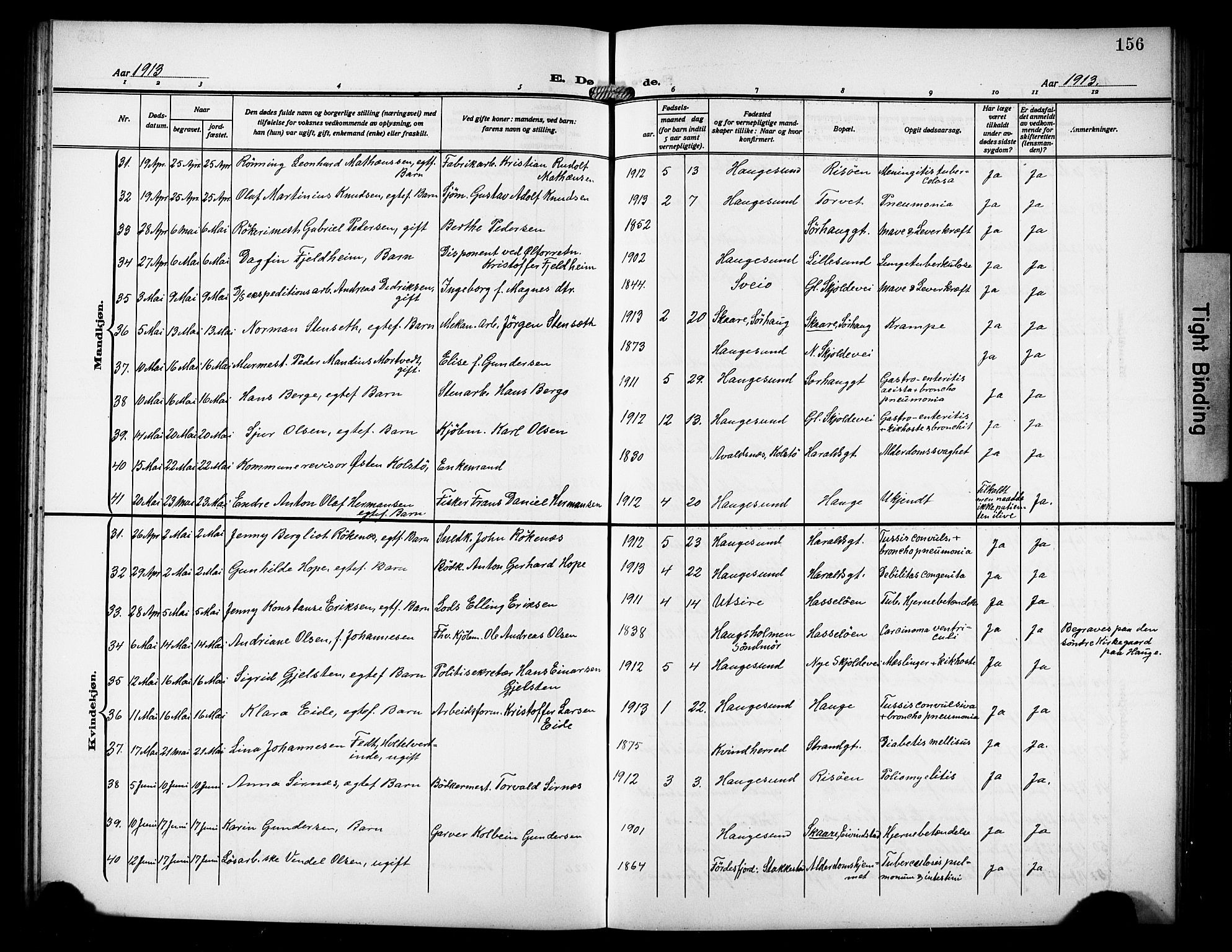 Haugesund sokneprestkontor, AV/SAST-A -101863/H/Ha/Hab/L0008: Parish register (copy) no. B 8, 1909-1921, p. 156