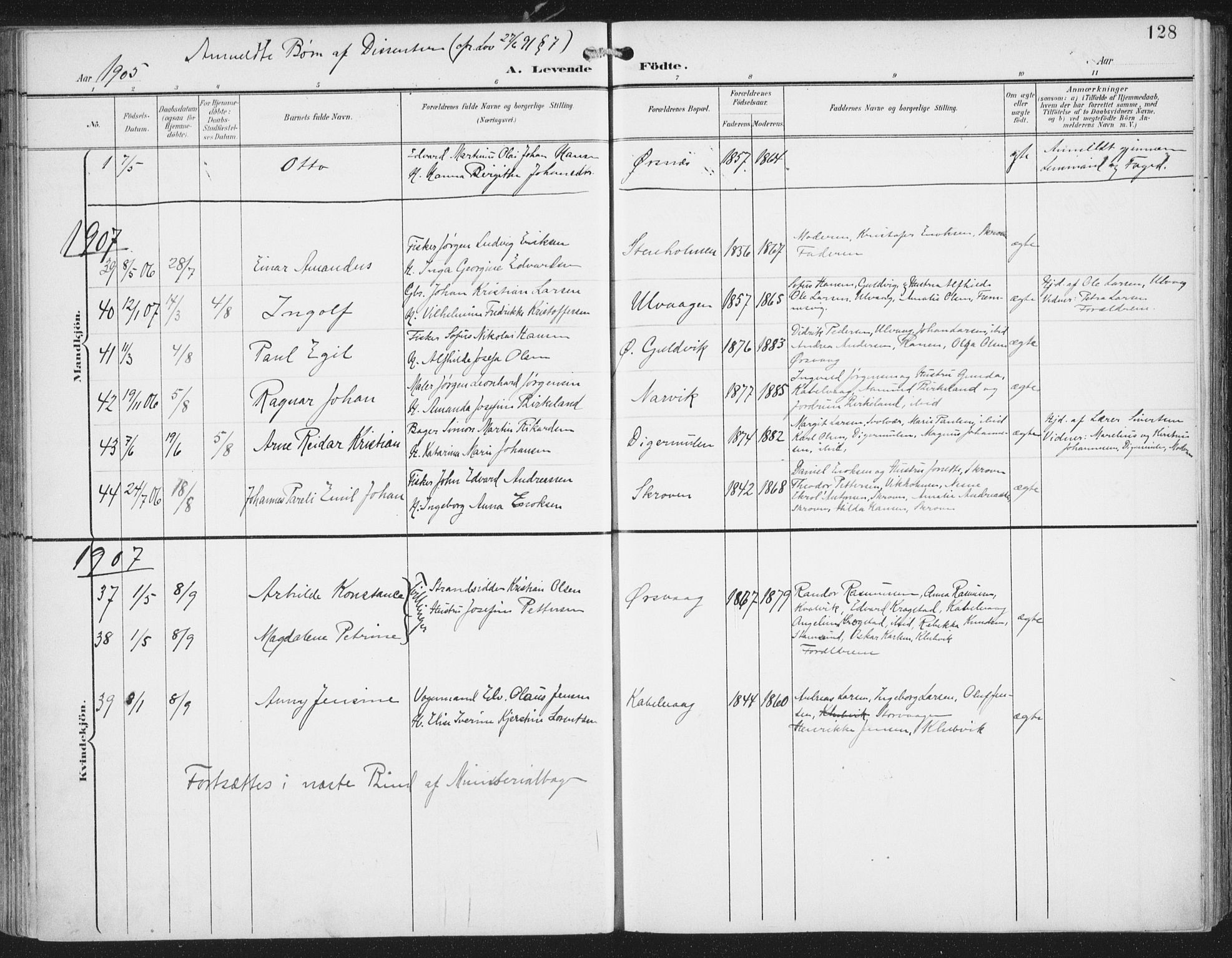 Ministerialprotokoller, klokkerbøker og fødselsregistre - Nordland, AV/SAT-A-1459/874/L1062: Parish register (official) no. 874A06, 1899-1907, p. 128