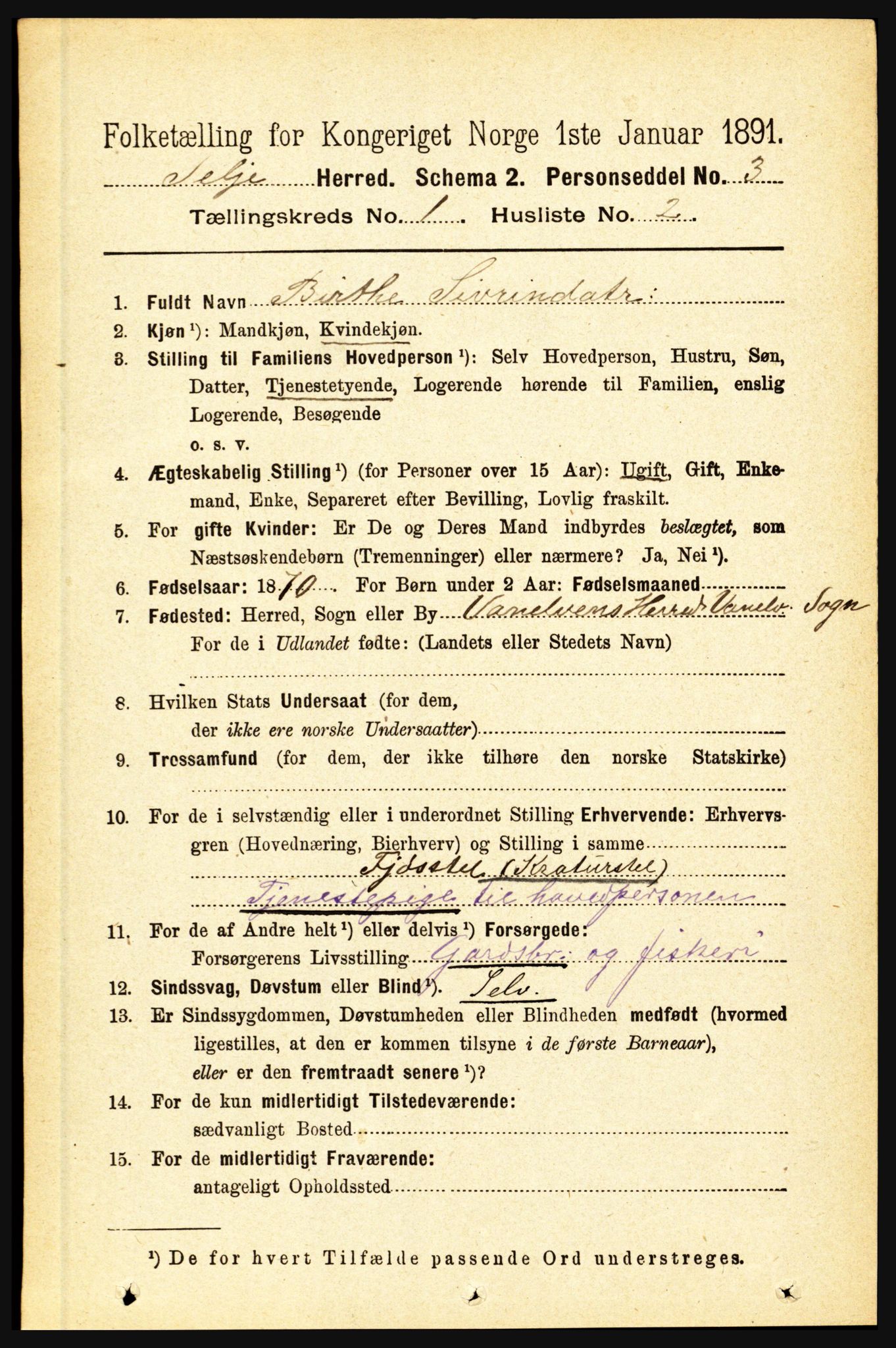 RA, 1891 census for 1441 Selje, 1891, p. 103