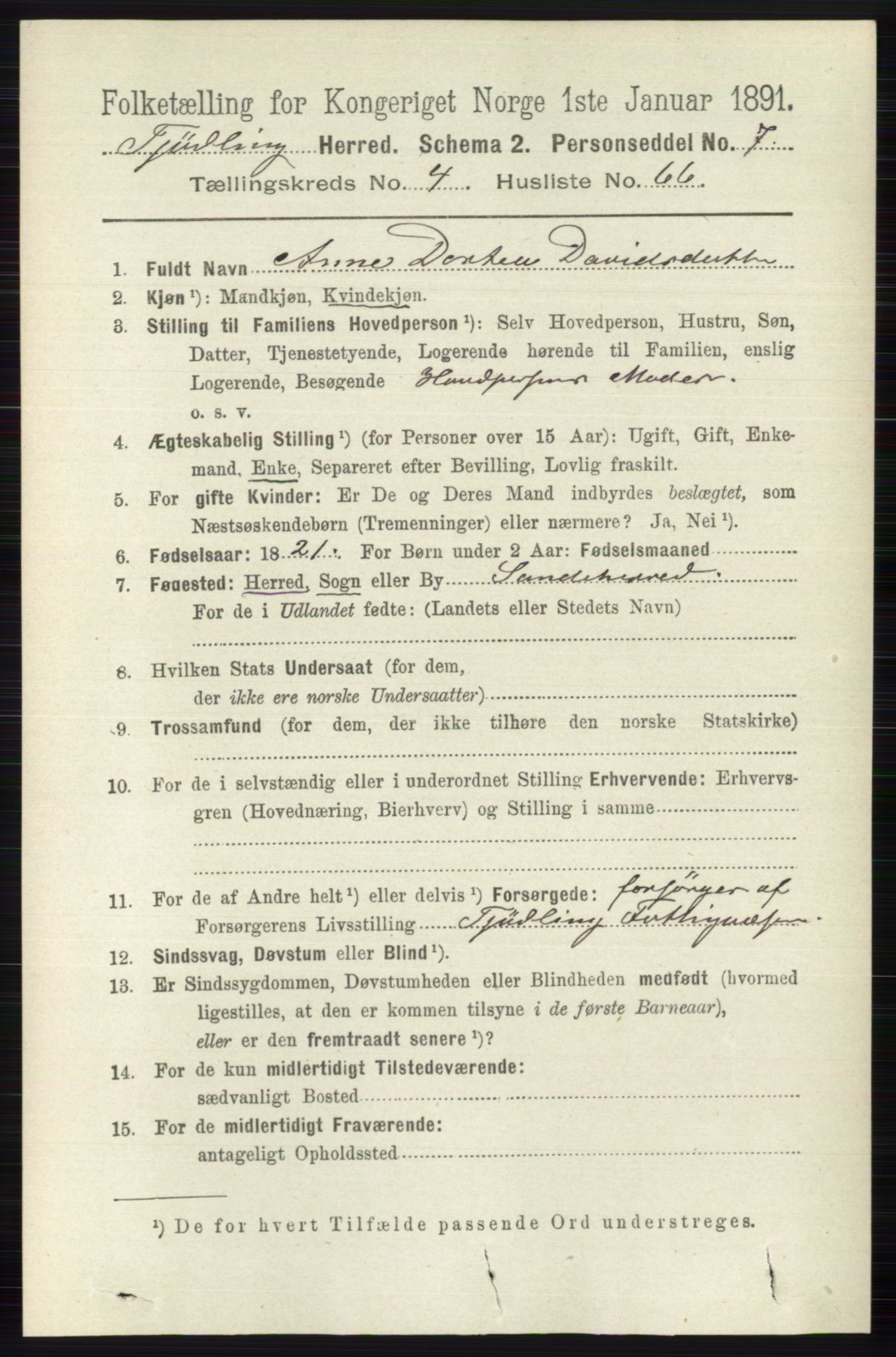 RA, 1891 census for 0725 Tjølling, 1891, p. 1819