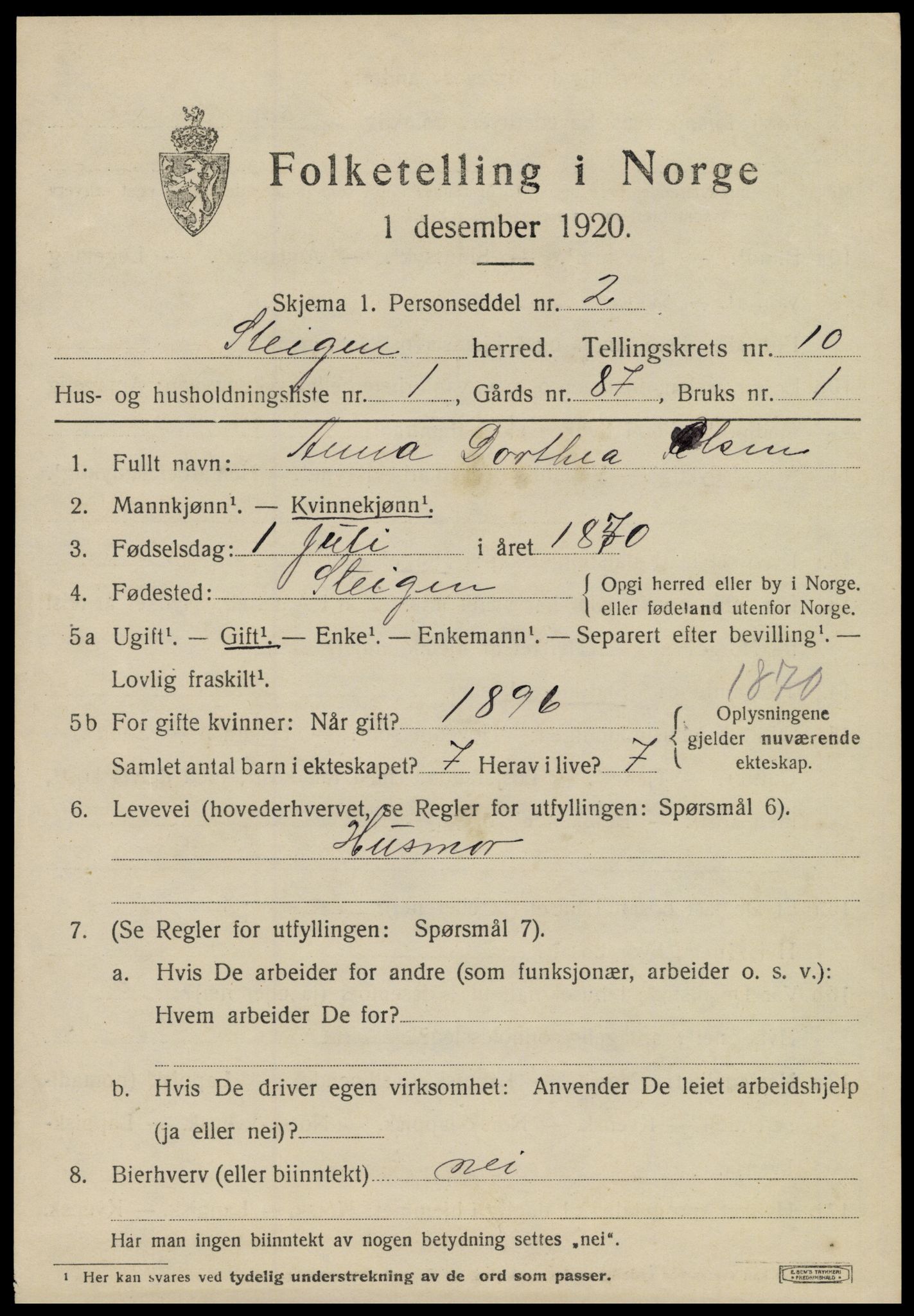 SAT, 1920 census for Steigen, 1920, p. 4106